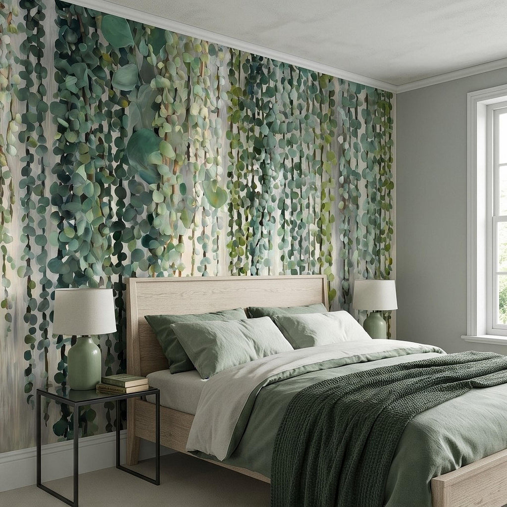 Eucalyptus Vine Peel and Stick Wall Mural, Cascading Greenery Leaves, Hanging Botanical Garden Scene Sage Green Wallpaper