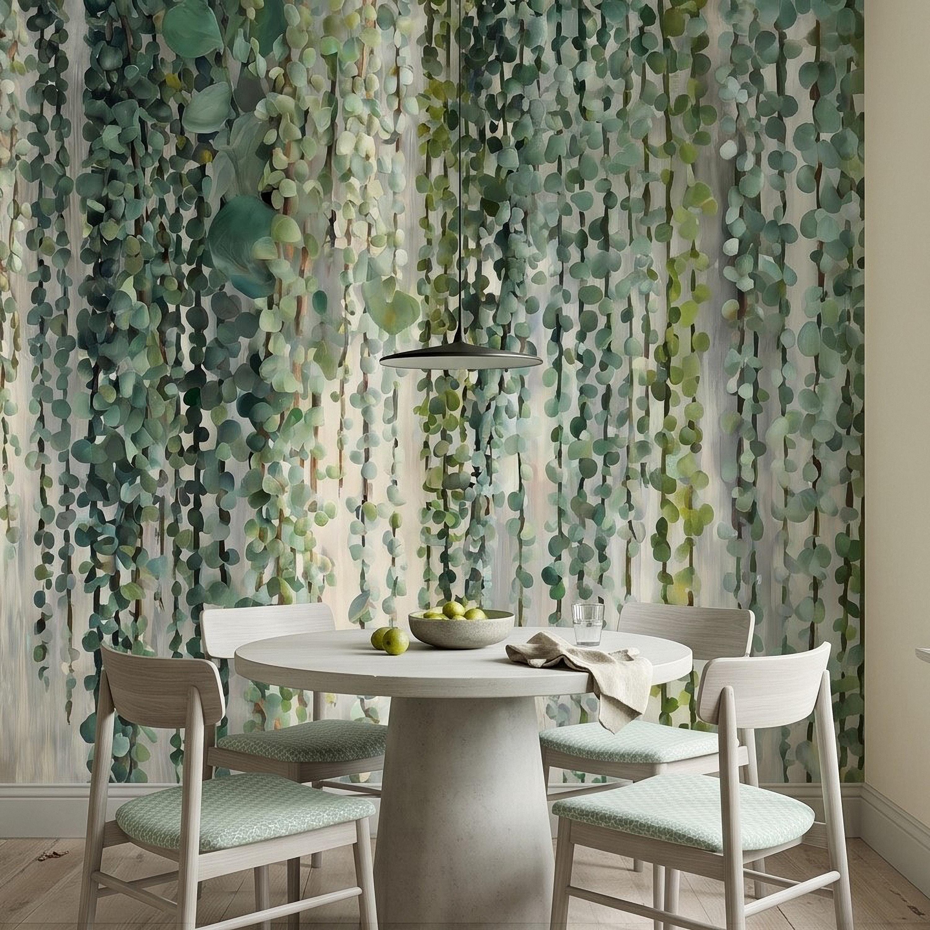 Eucalyptus Vine Peel and Stick Wall Mural, Cascading Greenery Leaves, Hanging Botanical Garden Scene Sage Green Wallpaper