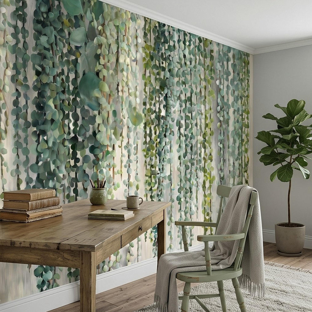 Eucalyptus Vine Peel and Stick Wall Mural, Cascading Greenery Leaves, Hanging Botanical Garden Scene Sage Green Wallpaper