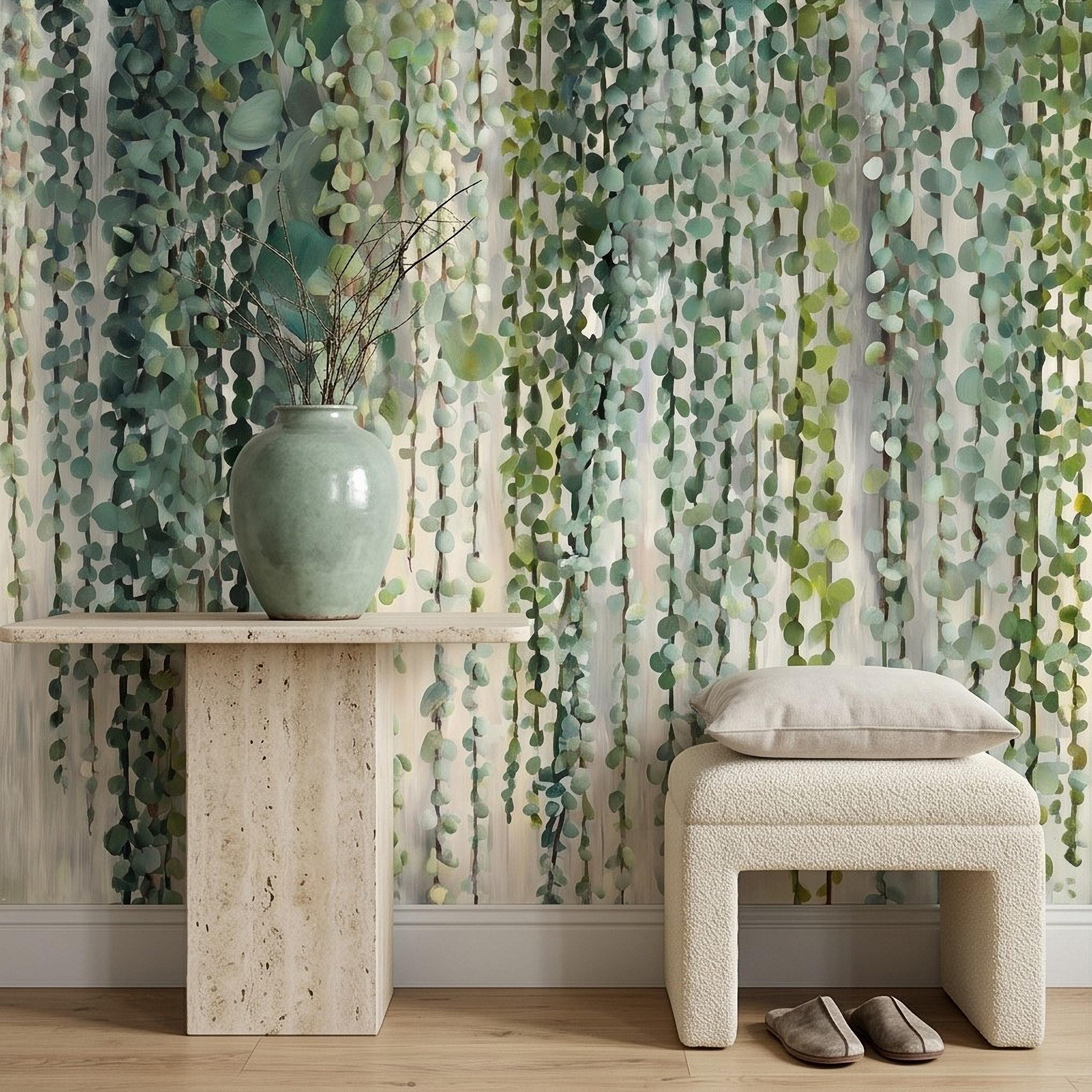 Eucalyptus Vine Peel and Stick Wall Mural, Cascading Greenery Leaves, Hanging Botanical Garden Scene Sage Green Wallpaper
