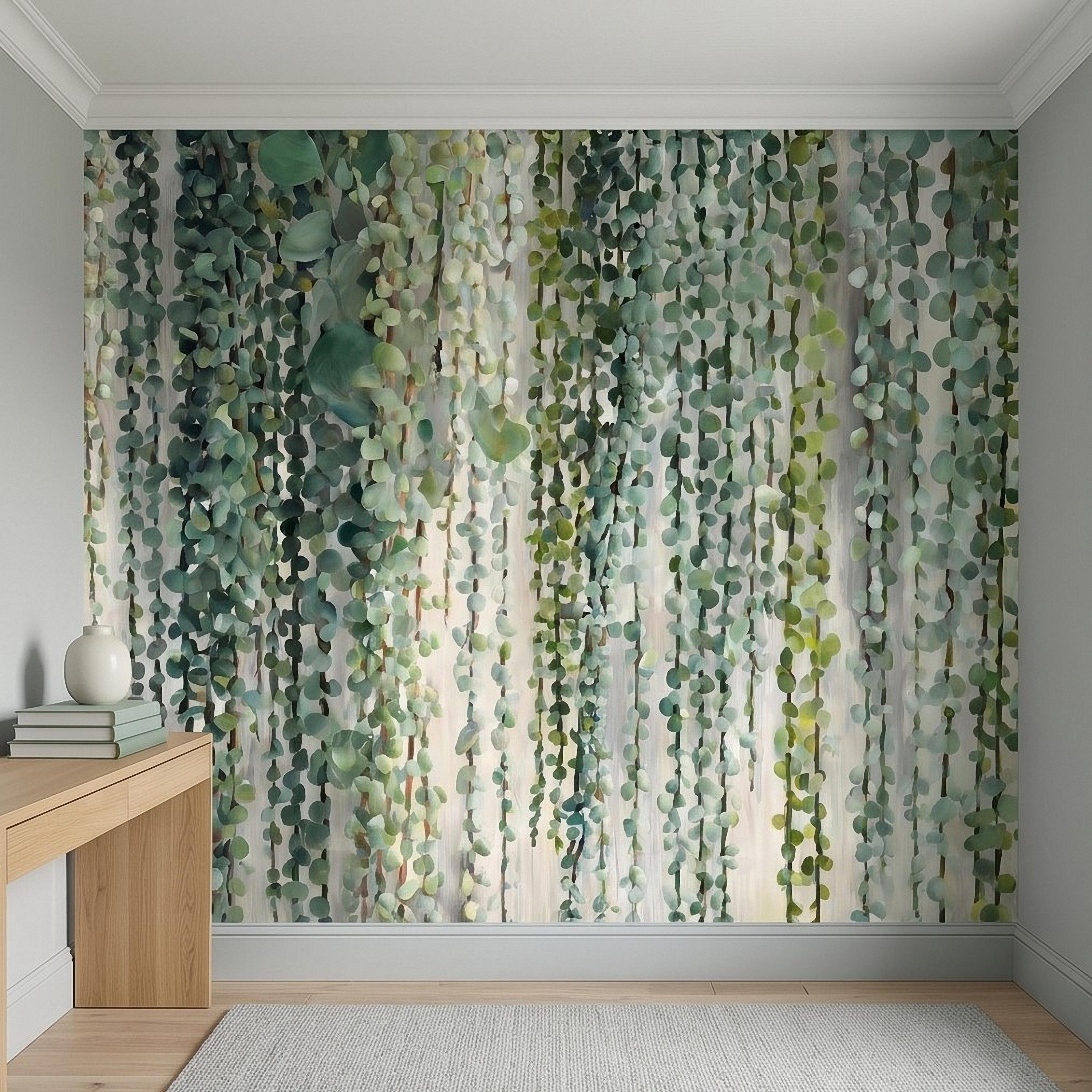 Eucalyptus Vine Peel and Stick Wall Mural, Cascading Greenery Leaves, Hanging Botanical Garden Scene Sage Green Wallpaper