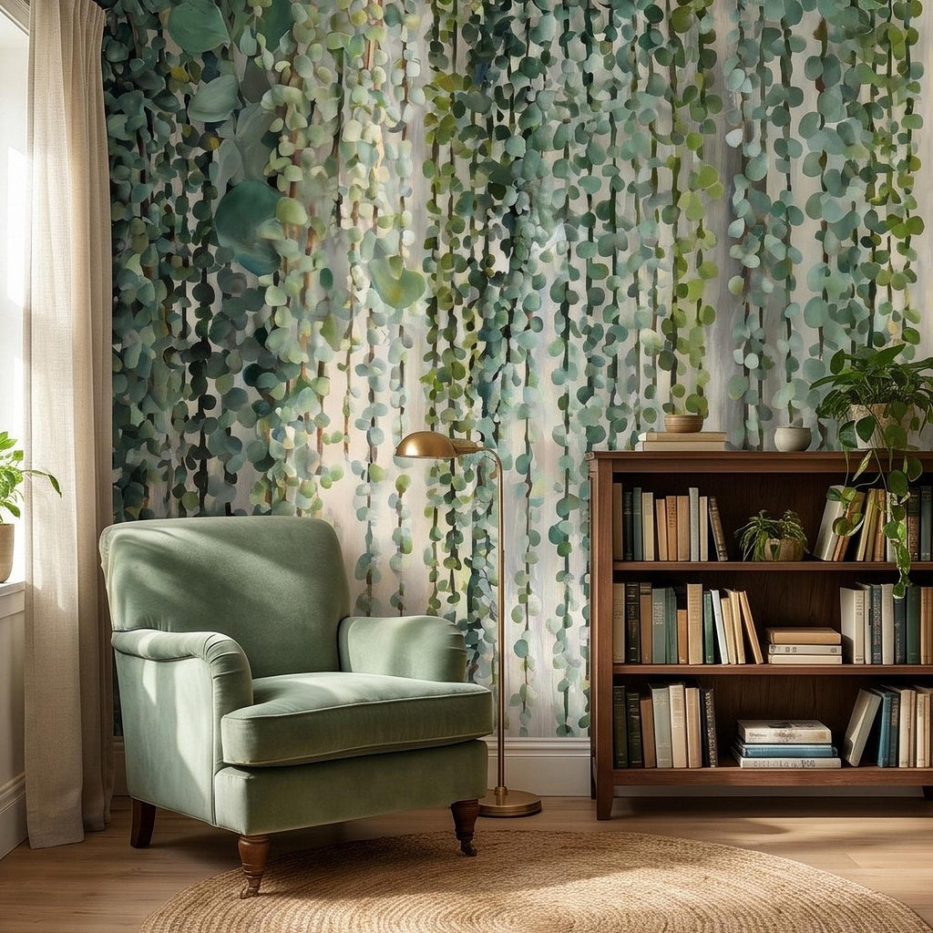 Eucalyptus Vine Peel and Stick Wall Mural, Cascading Greenery Leaves, Hanging Botanical Garden Scene Sage Green Wallpaper
