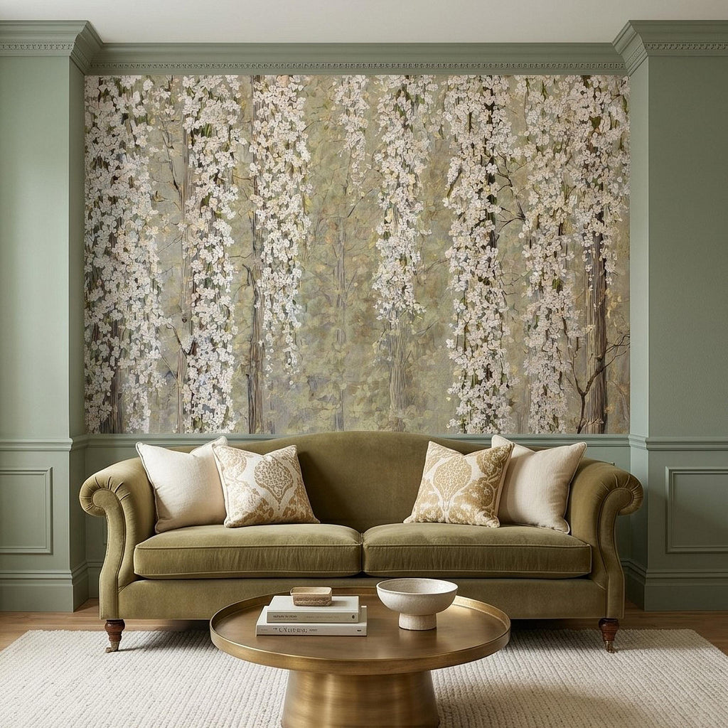 Cascading White Blossoms Peel and Stick Wall Mural, Blooming Flower Branches, Spring Garden Scene, Botanical Wallpaper
