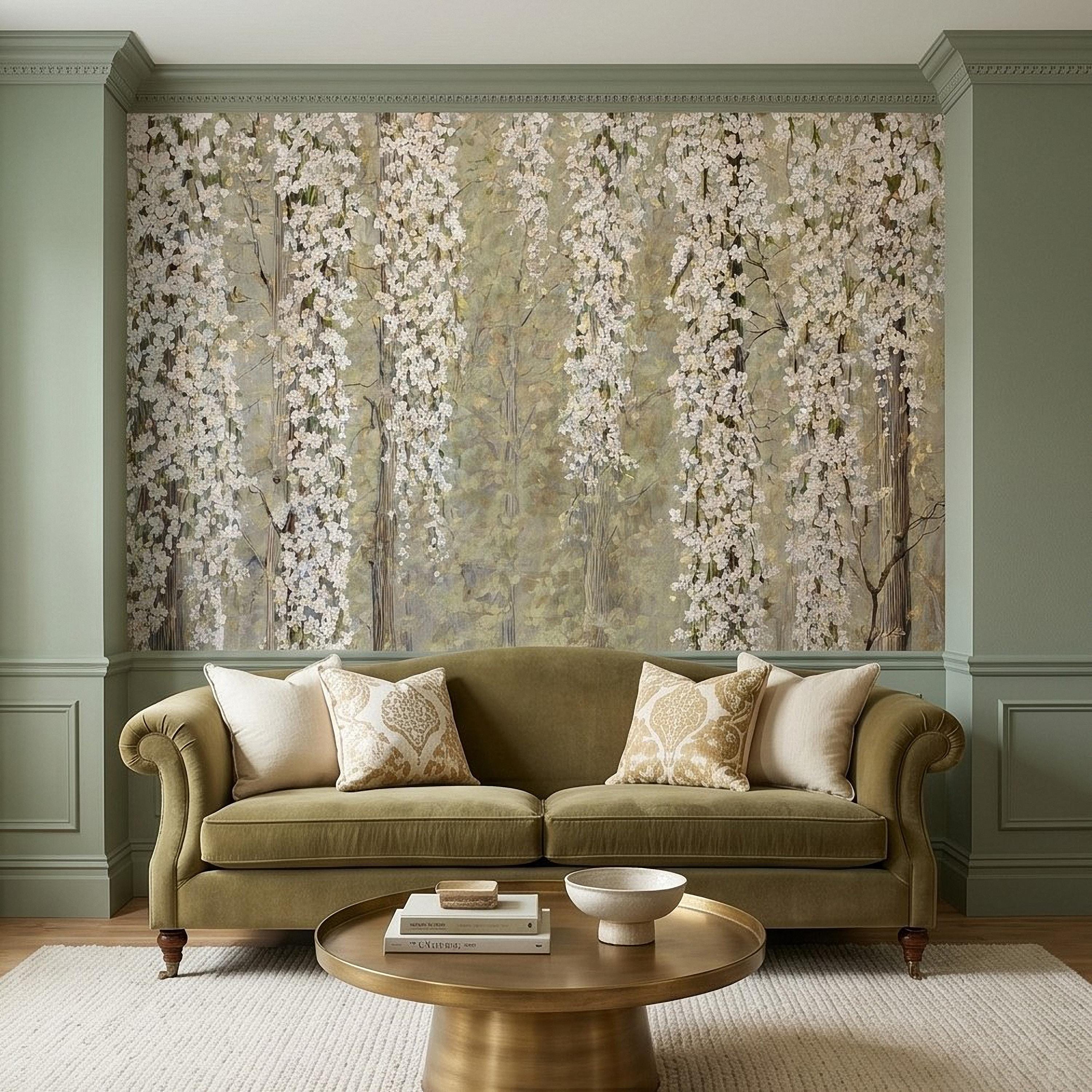 Cascading White Blossoms Peel and Stick Wall Mural, Blooming Flower Branches, Spring Garden Scene, Botanical Wallpaper