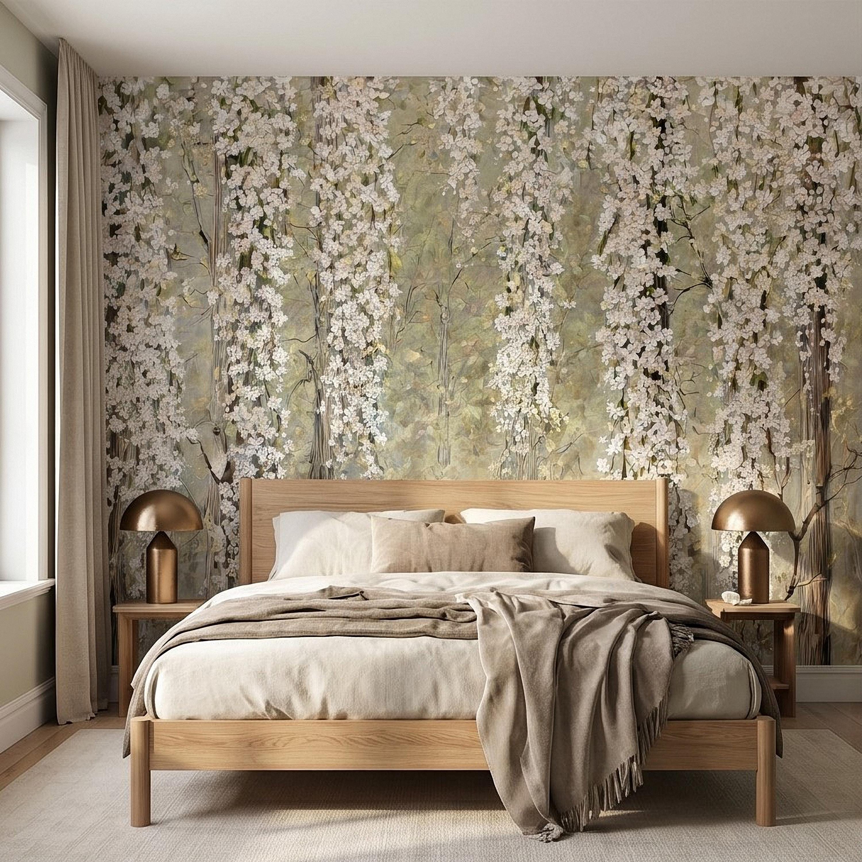 Cascading White Blossoms Peel and Stick Wall Mural, Blooming Flower Branches, Spring Garden Scene, Botanical Wallpaper