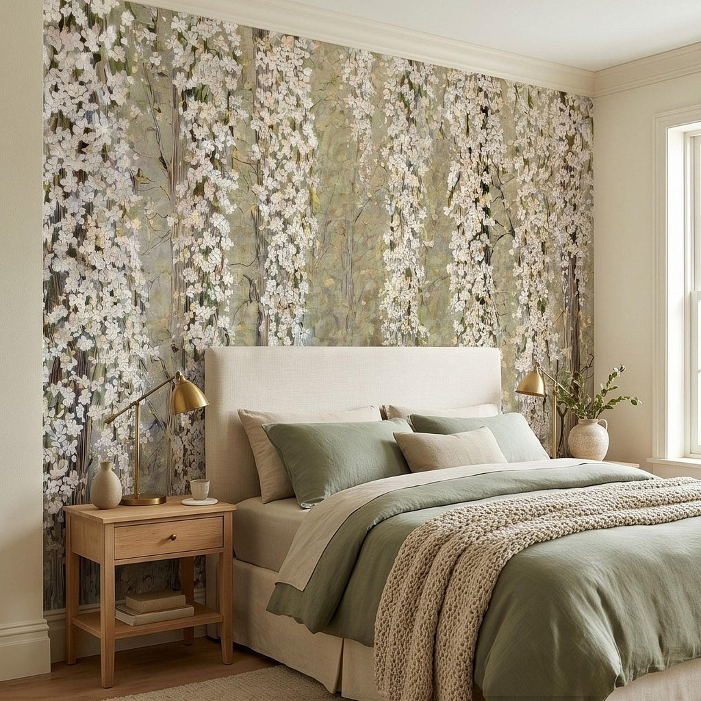 Cascading White Blossoms Peel and Stick Wall Mural, Blooming Flower Branches, Spring Garden Scene, Botanical Wallpaper