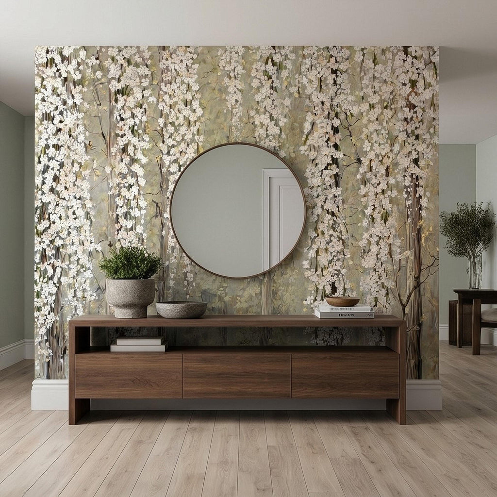 Cascading White Blossoms Peel and Stick Wall Mural, Blooming Flower Branches, Spring Garden Scene, Botanical Wallpaper