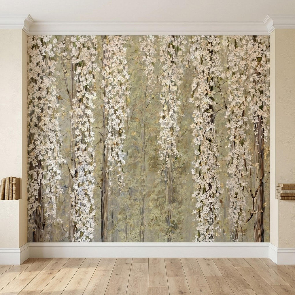 Cascading White Blossoms Peel and Stick Wall Mural, Blooming Flower Branches, Spring Garden Scene, Botanical Wallpaper