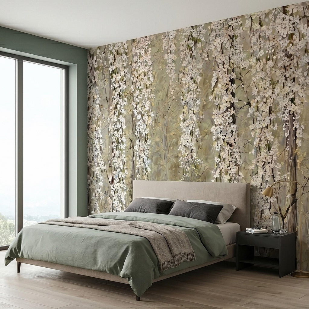 Cascading White Blossoms Peel and Stick Wall Mural, Blooming Flower Branches, Spring Garden Scene, Botanical Wallpaper