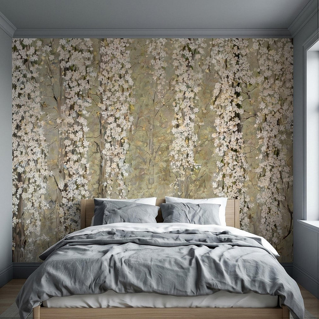 Cascading White Blossoms Peel and Stick Wall Mural, Blooming Flower Branches, Spring Garden Scene, Botanical Wallpaper