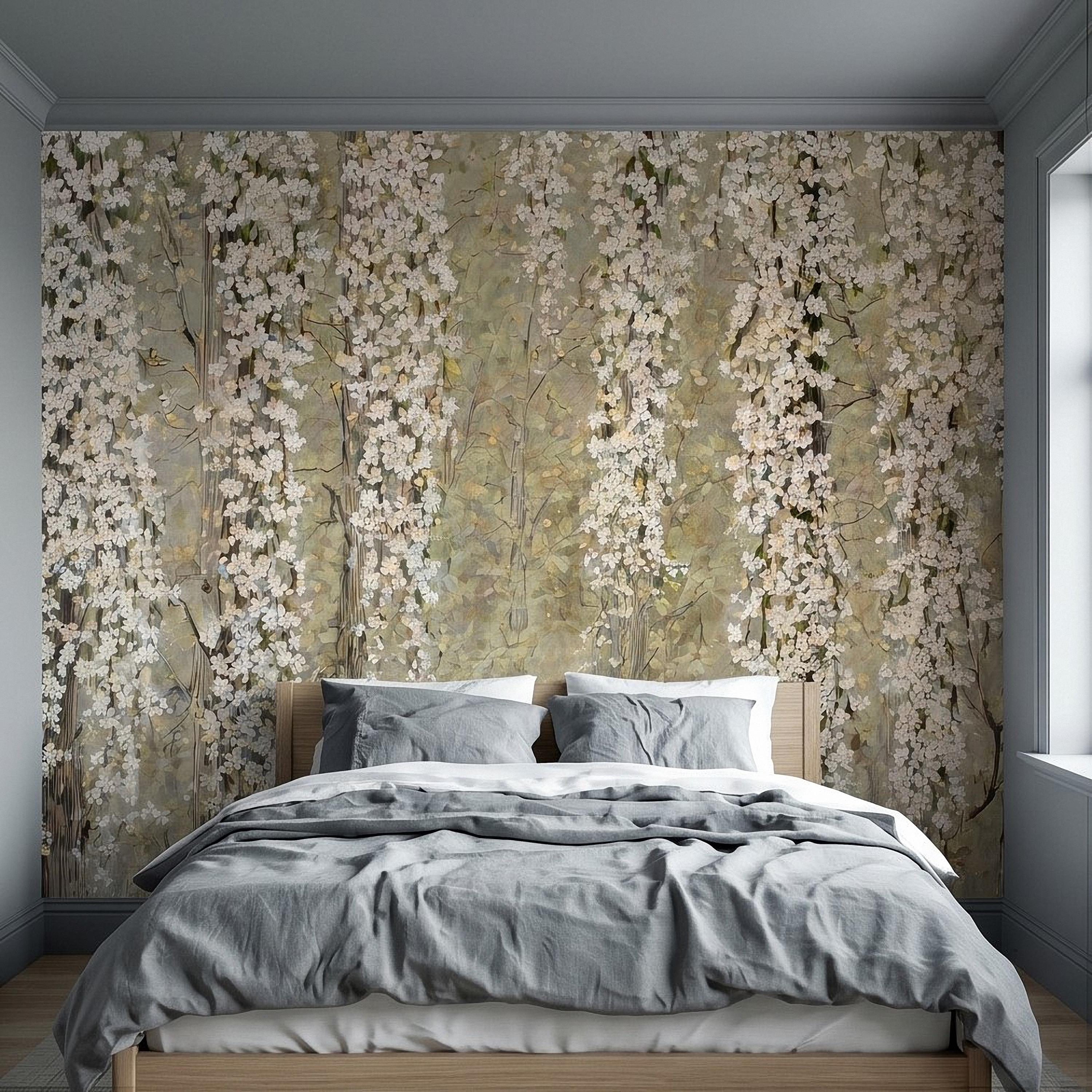 Cascading White Blossoms Peel and Stick Wall Mural, Blooming Flower Branches, Spring Garden Scene, Botanical Wallpaper