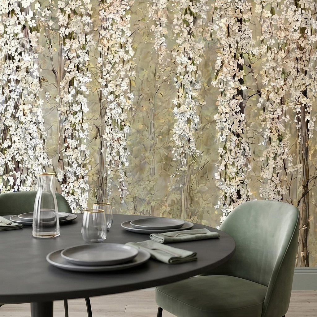 Cascading White Blossoms Peel and Stick Wall Mural, Blooming Flower Branches, Spring Garden Scene, Botanical Wallpaper