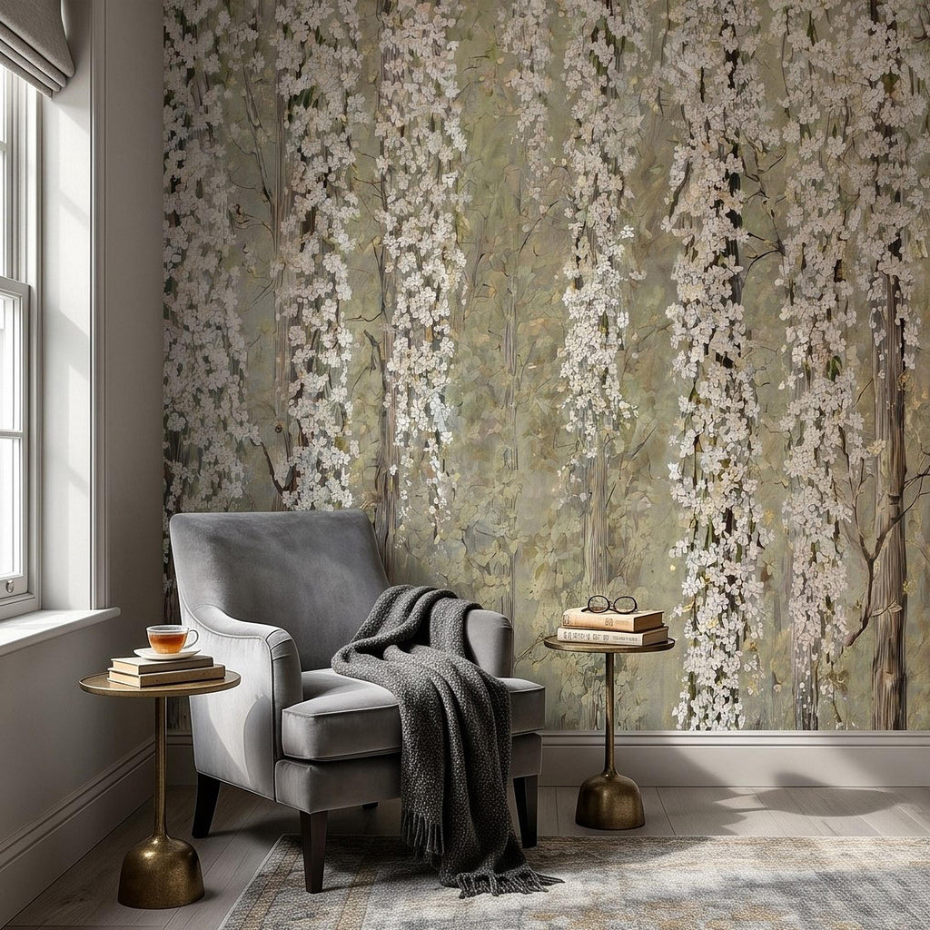 Cascading White Blossoms Peel and Stick Wall Mural, Blooming Flower Branches, Spring Garden Scene, Botanical Wallpaper