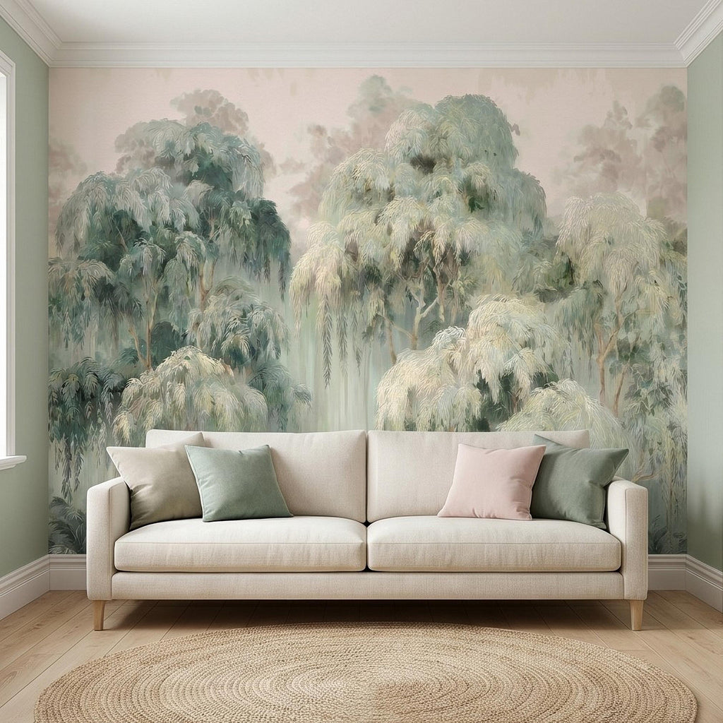 Misty Eucalyptus Forest Peel and Stick Wall Mural, Sage Green Woodland Trees, Soft Botanical Landscape Scene, Nature Wallpaper
