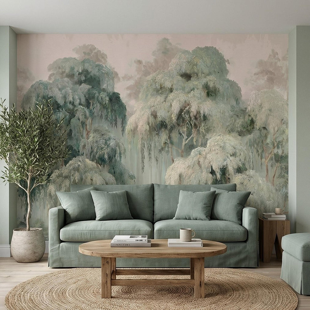 Misty Eucalyptus Forest Peel and Stick Wall Mural, Sage Green Woodland Trees, Soft Botanical Landscape Scene, Nature Wallpaper