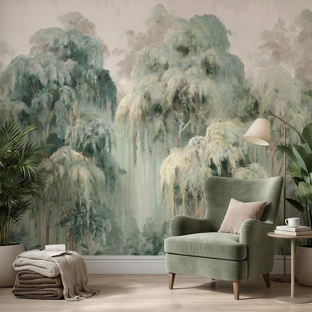Misty Eucalyptus Forest Peel and Stick Wall Mural, Sage Green Woodland Trees, Soft Botanical Landscape Scene, Nature Wallpaper