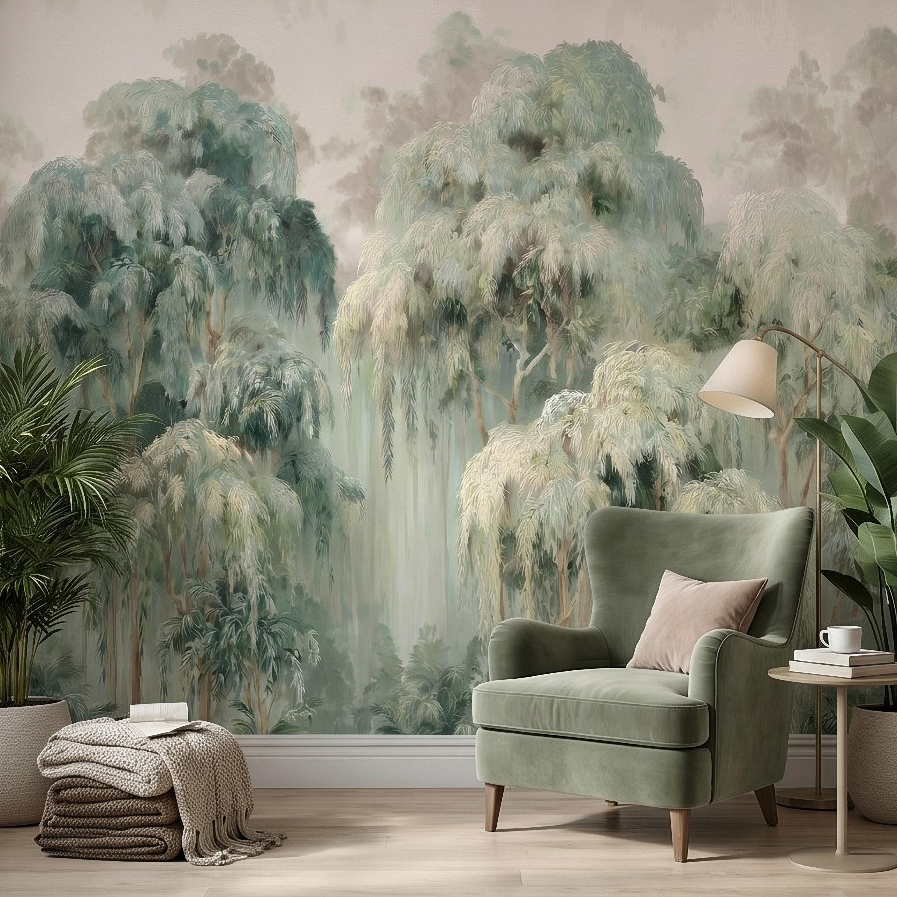 Misty Eucalyptus Forest Peel and Stick Wall Mural, Sage Green Woodland Trees, Soft Botanical Landscape Scene, Nature Wallpaper
