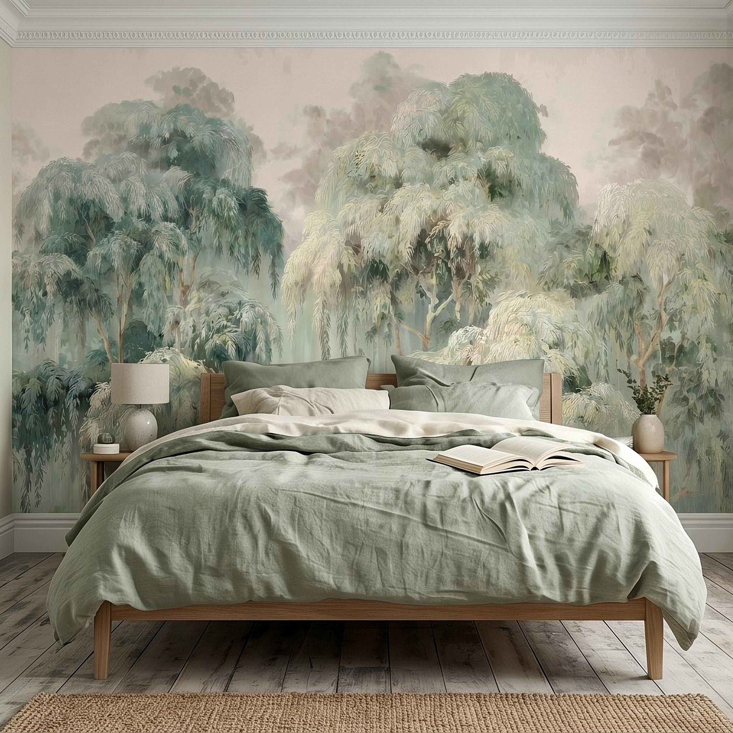 Misty Eucalyptus Forest Peel and Stick Wall Mural, Sage Green Woodland Trees, Soft Botanical Landscape Scene, Nature Wallpaper