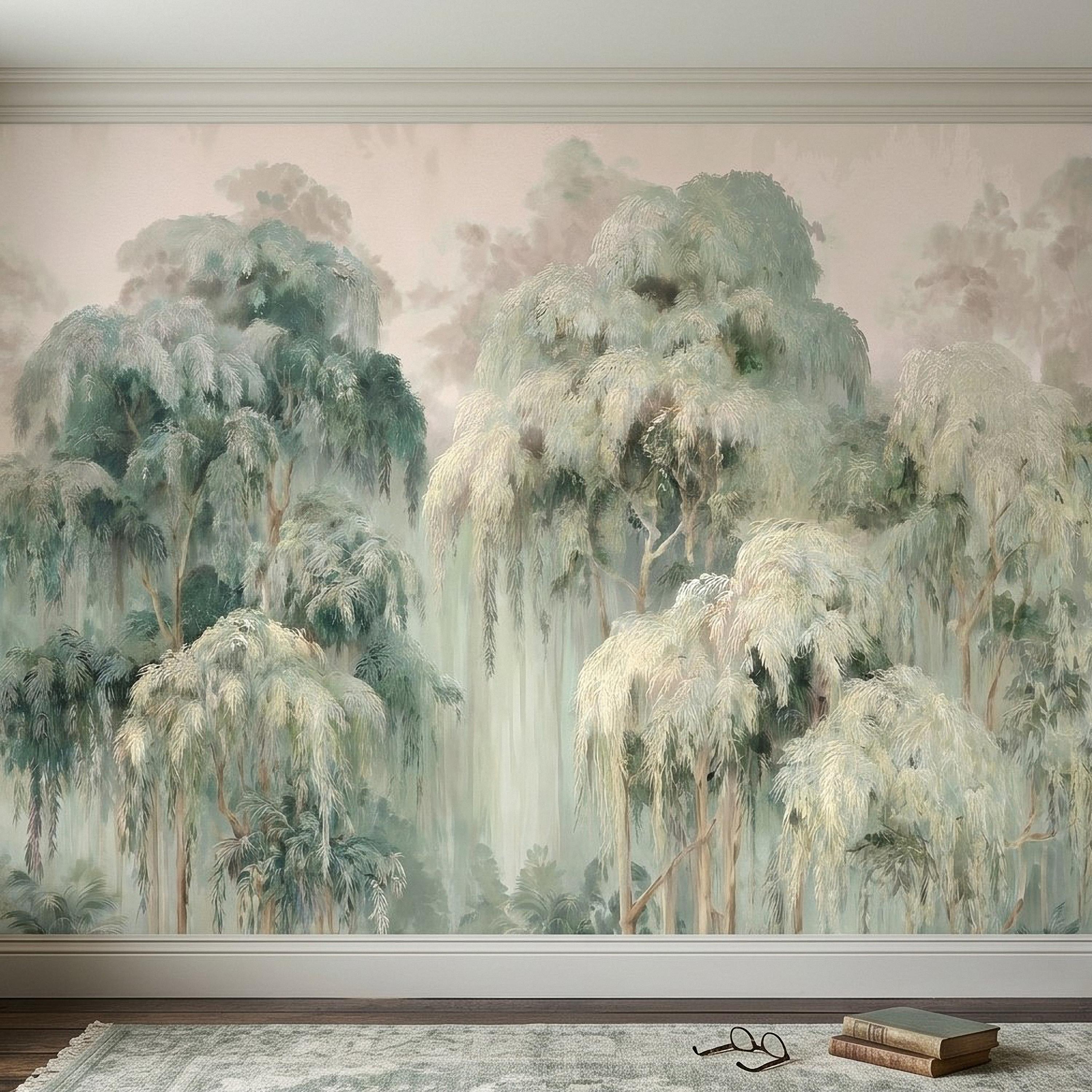 Misty Eucalyptus Forest Peel and Stick Wall Mural, Sage Green Woodland Trees, Soft Botanical Landscape Scene, Nature Wallpaper