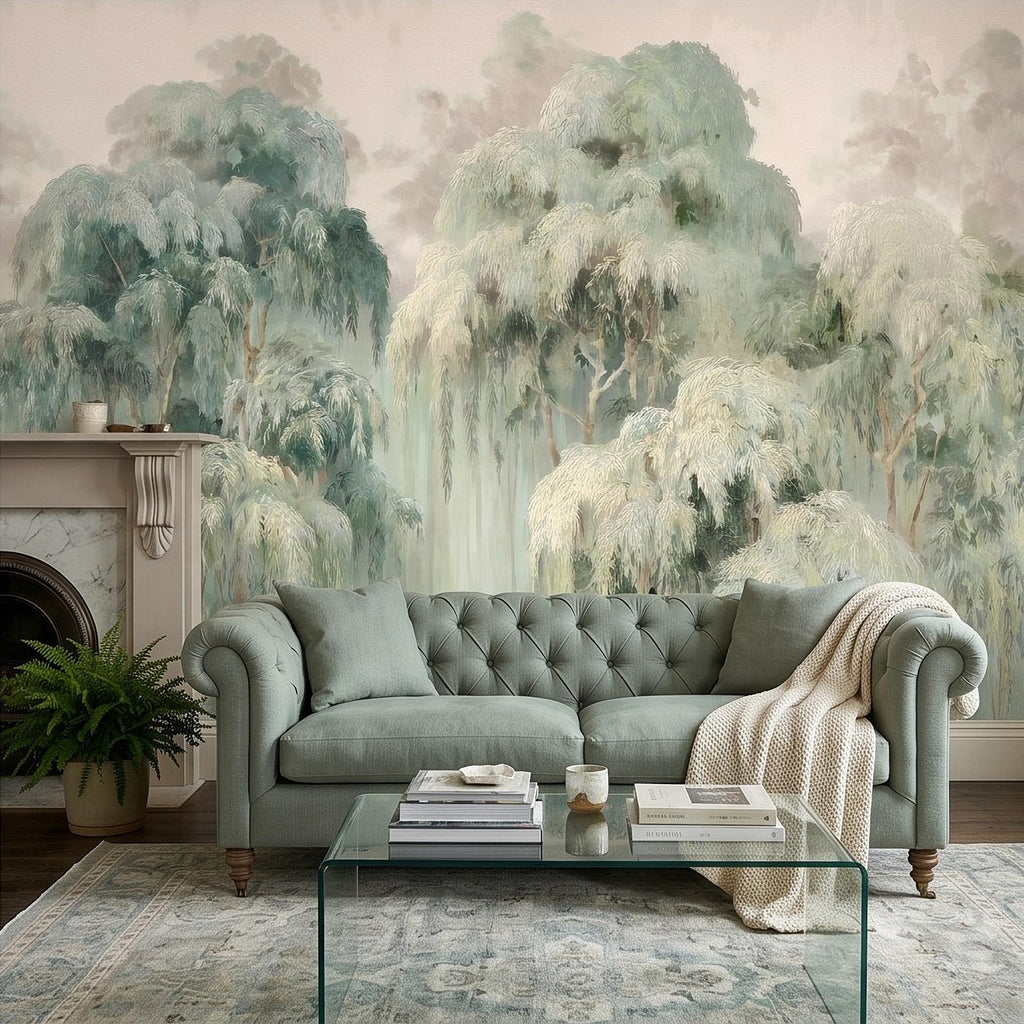 Misty Eucalyptus Forest Peel and Stick Wall Mural, Sage Green Woodland Trees, Soft Botanical Landscape Scene, Nature Wallpaper