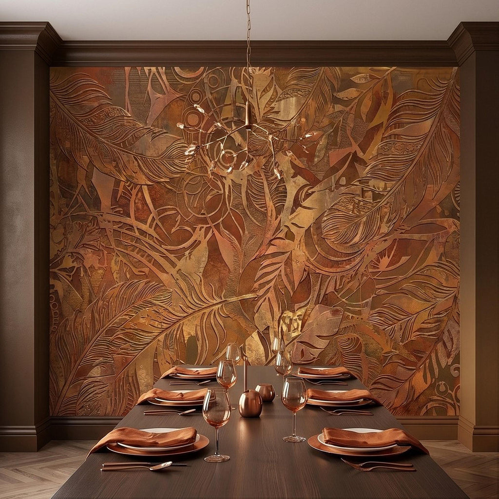 Textured Abstract Feathers Peel and Stick Wall Mural, Tribal Boho Motif, Warm Earth Tones, Ornamental Wallpaper