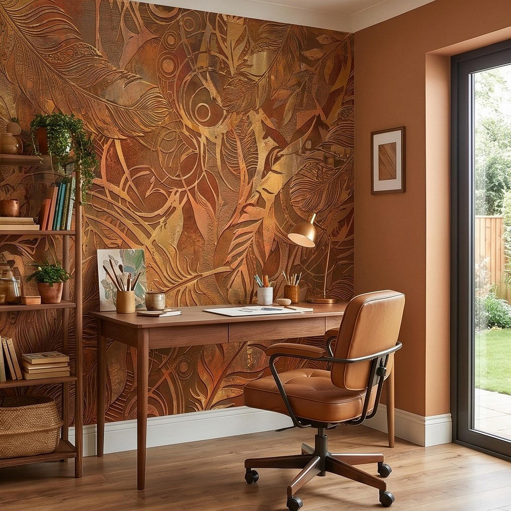 Textured Abstract Feathers Peel and Stick Wall Mural, Tribal Boho Motif, Warm Earth Tones, Ornamental Wallpaper