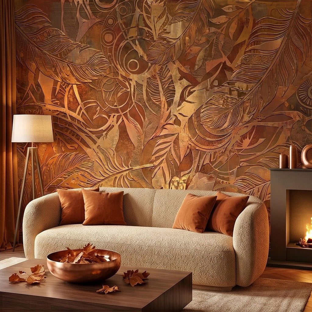 Textured Abstract Feathers Peel and Stick Wall Mural, Tribal Boho Motif, Warm Earth Tones, Ornamental Wallpaper