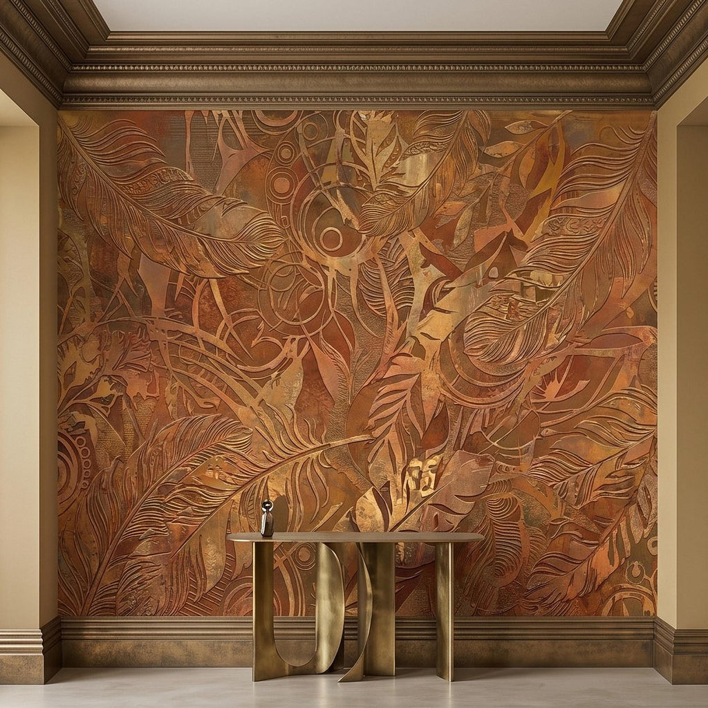 Textured Abstract Feathers Peel and Stick Wall Mural, Tribal Boho Motif, Warm Earth Tones, Ornamental Wallpaper