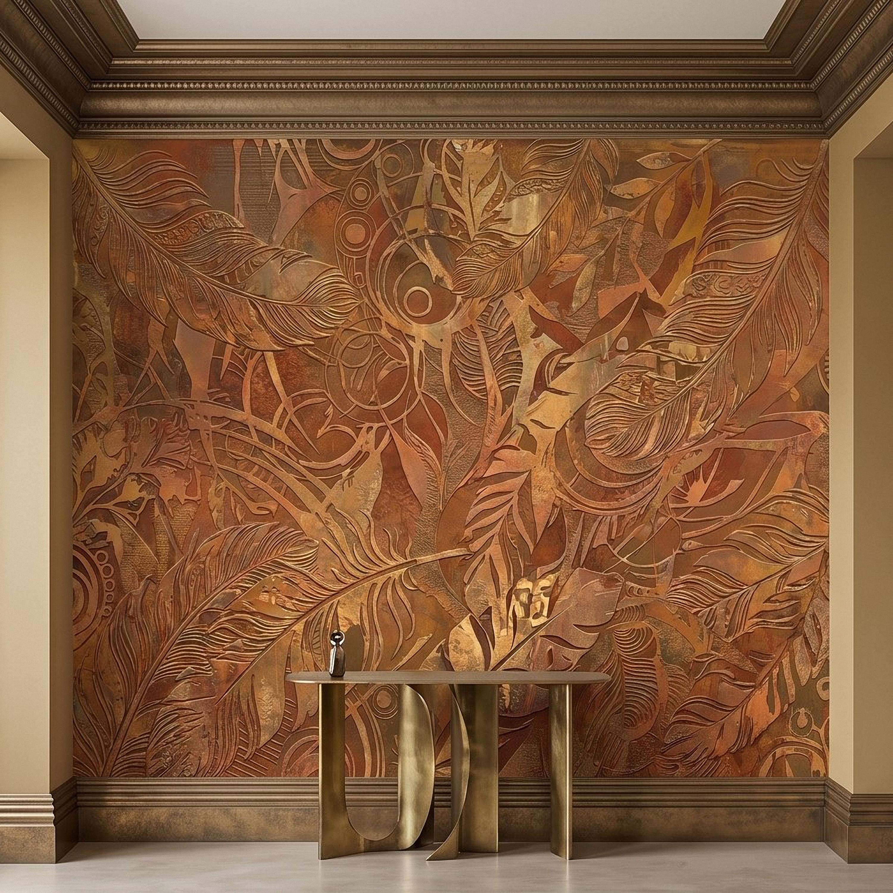 Textured Abstract Feathers Peel and Stick Wall Mural, Tribal Boho Motif, Warm Earth Tones, Ornamental Wallpaper