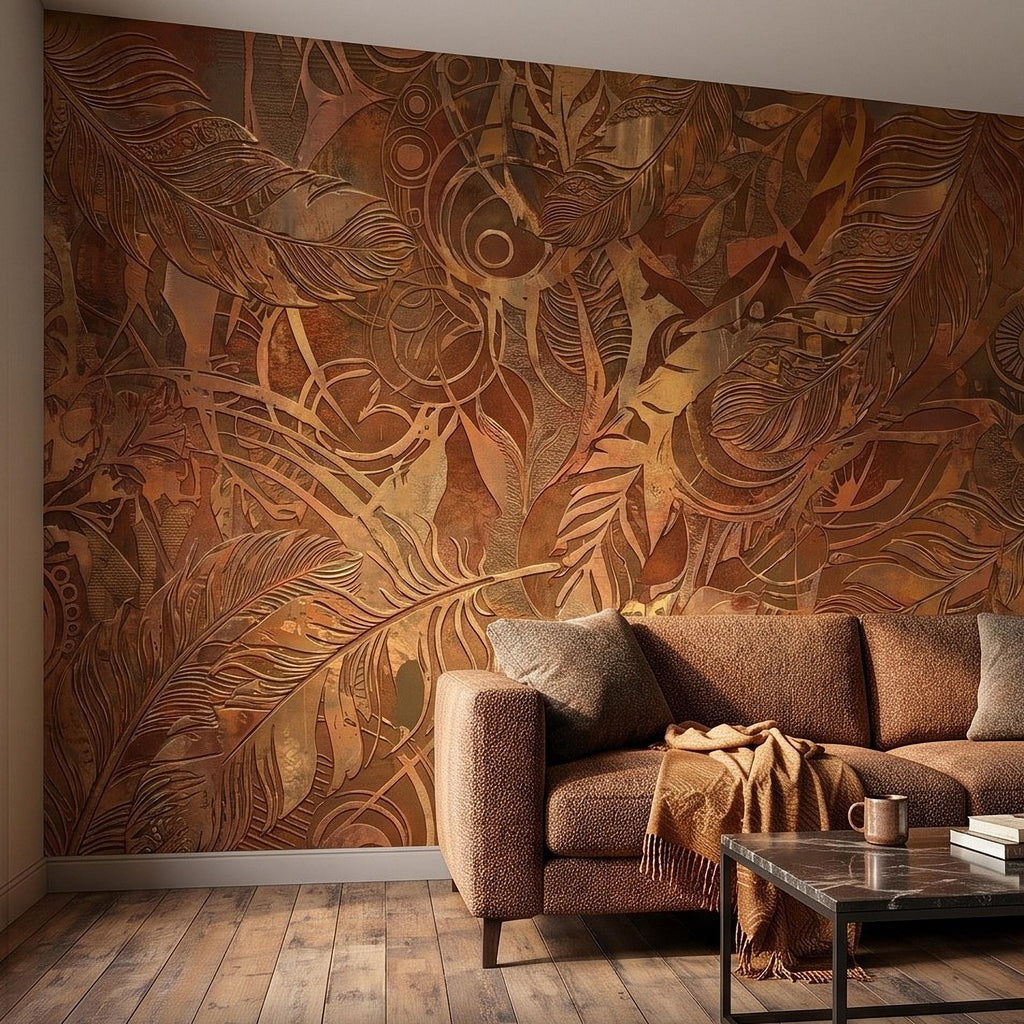 Textured Abstract Feathers Peel and Stick Wall Mural, Tribal Boho Motif, Warm Earth Tones, Ornamental Wallpaper