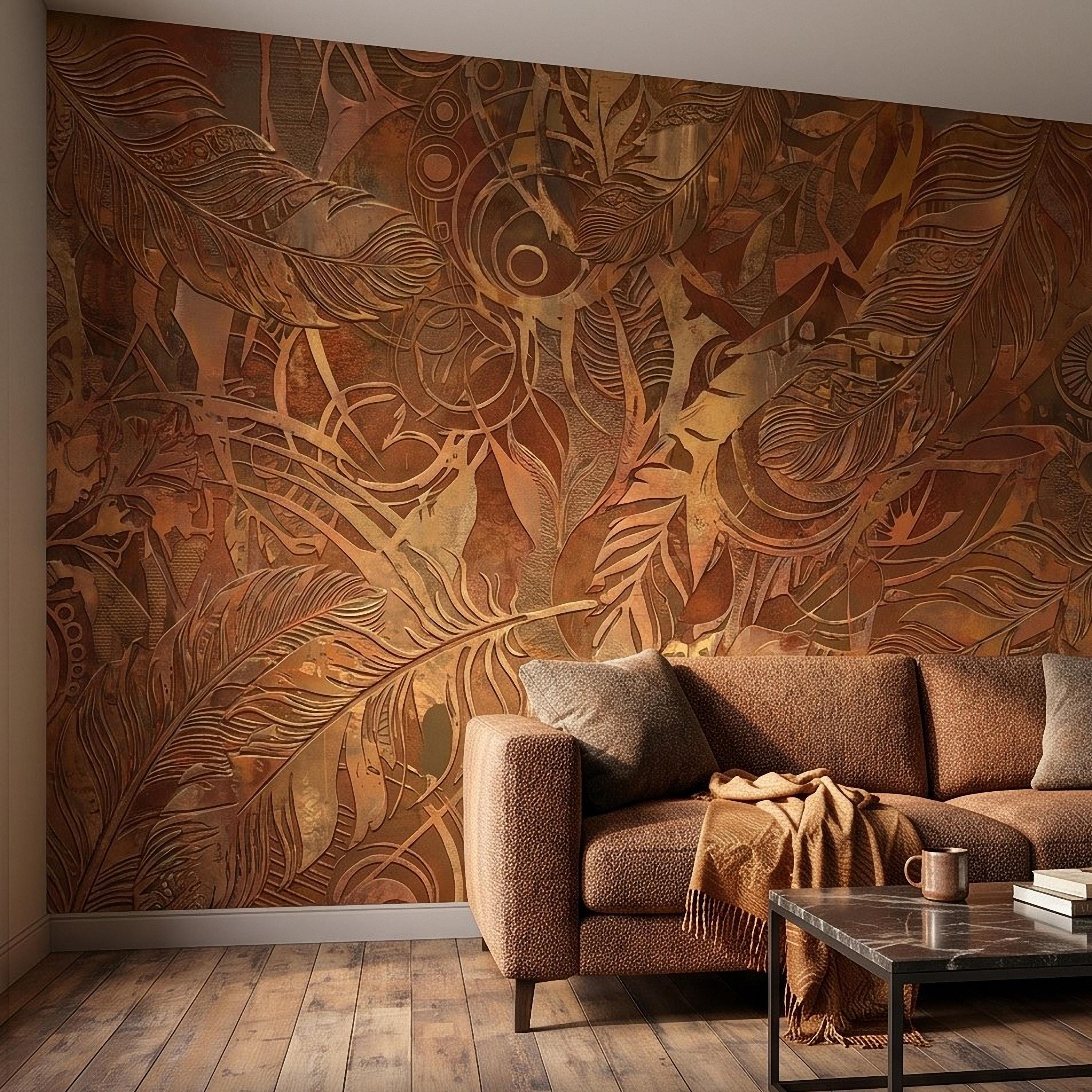 Textured Abstract Feathers Peel and Stick Wall Mural, Tribal Boho Motif, Warm Earth Tones, Ornamental Wallpaper