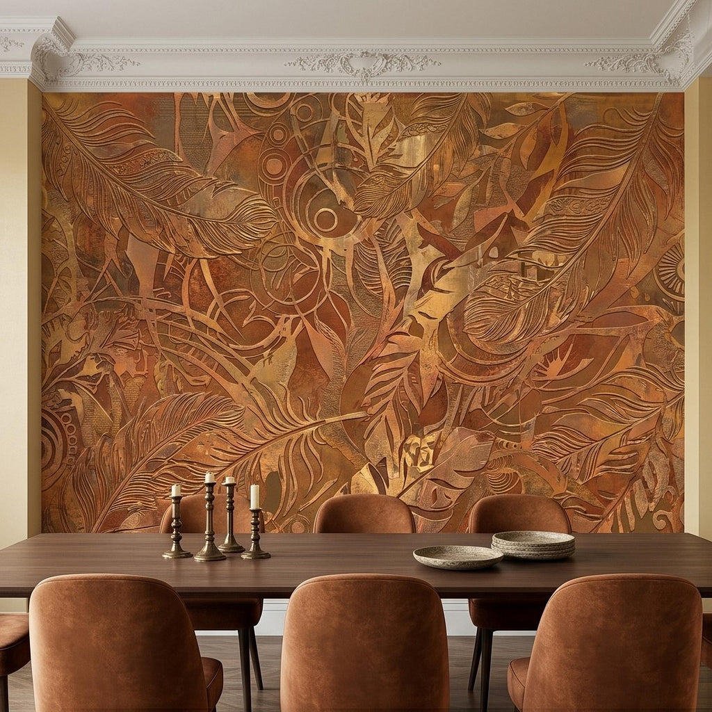 Textured Abstract Feathers Peel and Stick Wall Mural, Tribal Boho Motif, Warm Earth Tones, Ornamental Wallpaper