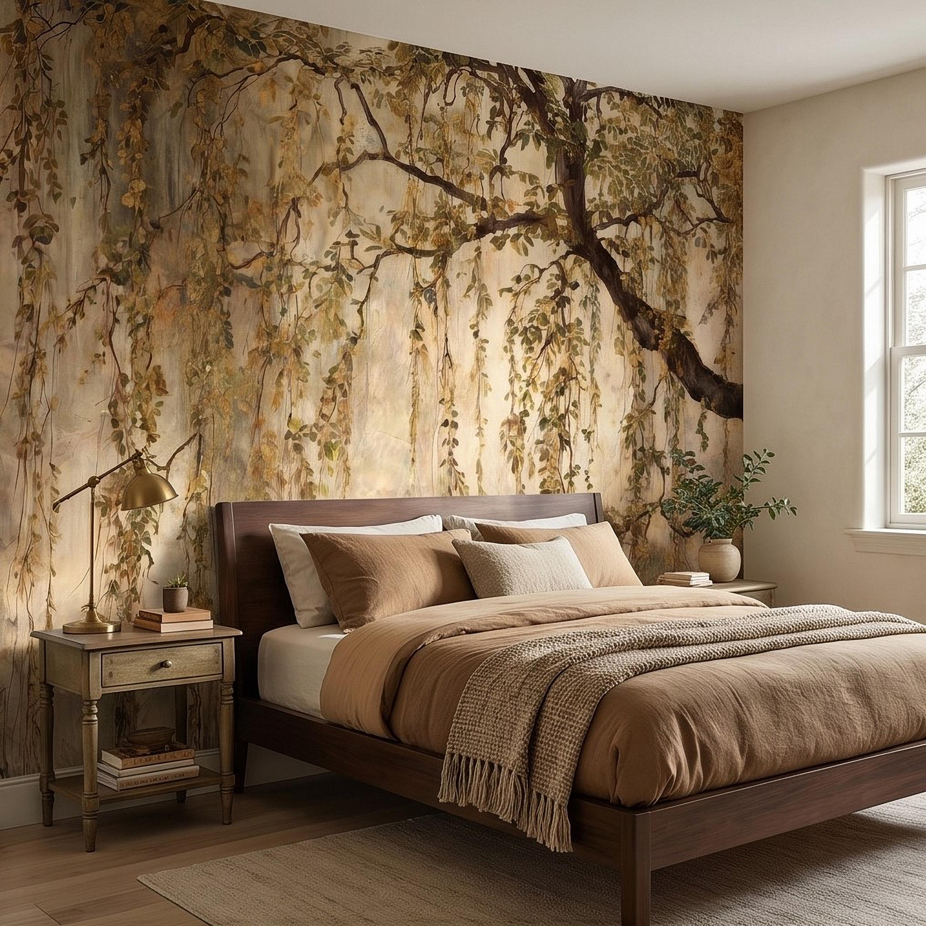 Vintage Weeping Willow Peel and Stick Wall Mural, Cascading Willow Branches, Woodland Canopy Botanical Wallpaper