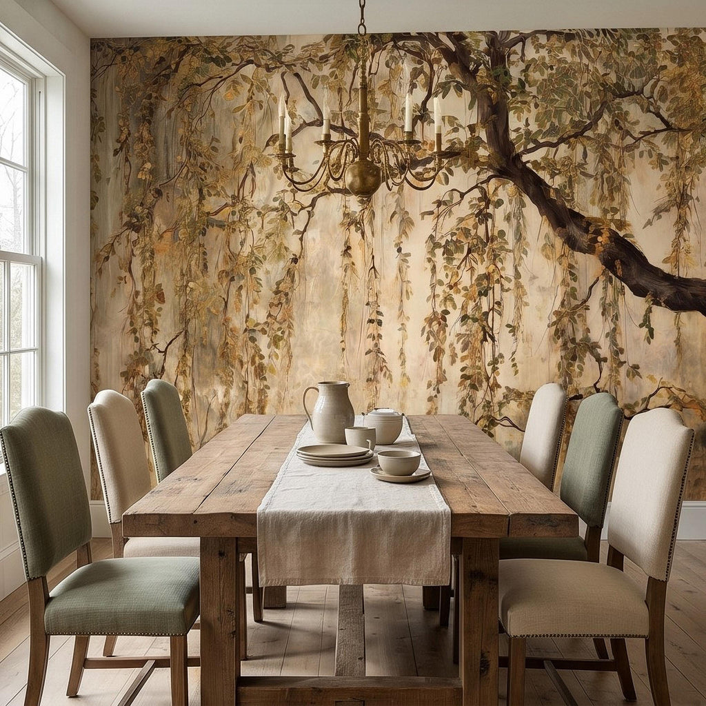Vintage Weeping Willow Peel and Stick Wall Mural, Cascading Willow Branches, Woodland Canopy Botanical Wallpaper