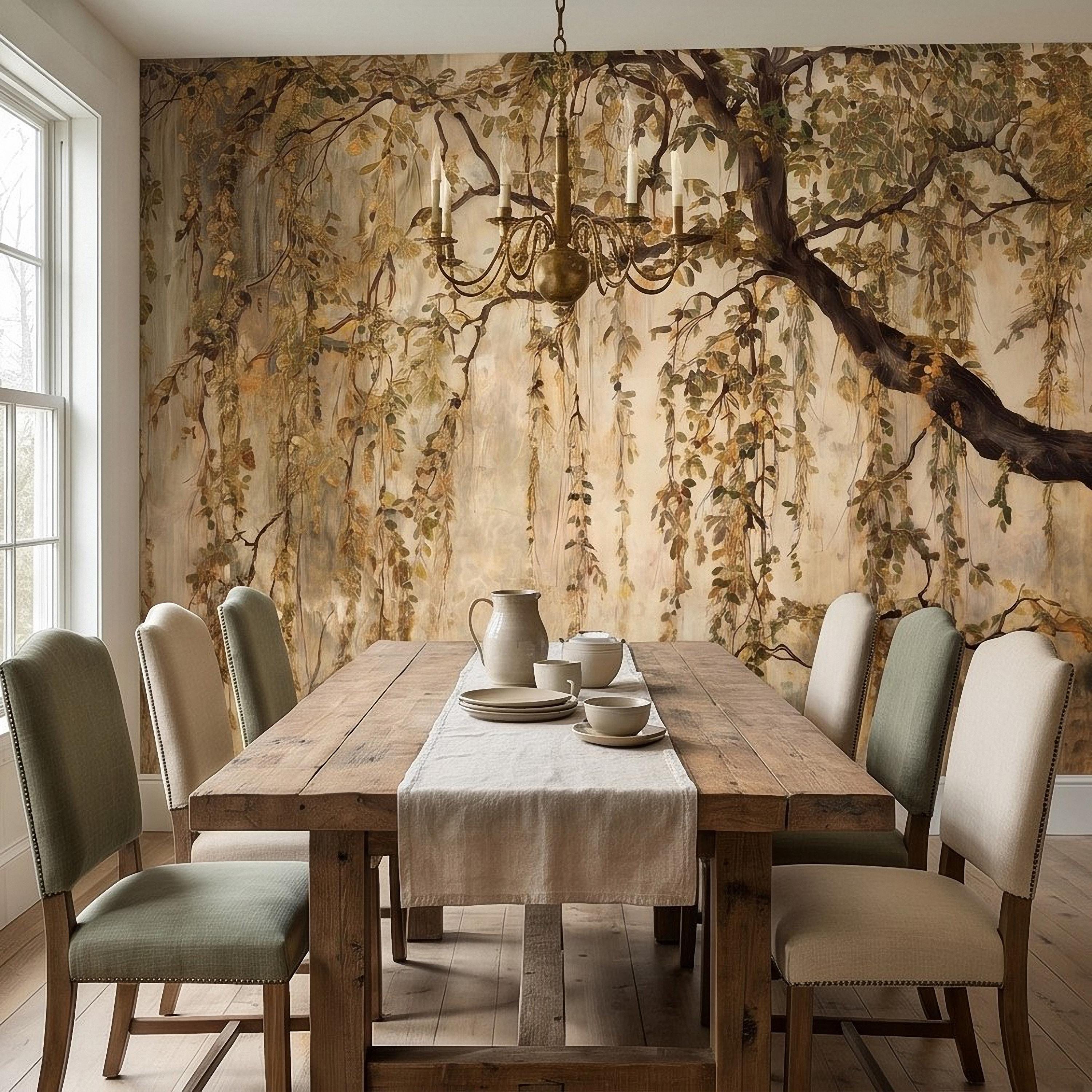 Vintage Weeping Willow Peel and Stick Wall Mural, Cascading Willow Branches, Woodland Canopy Botanical Wallpaper