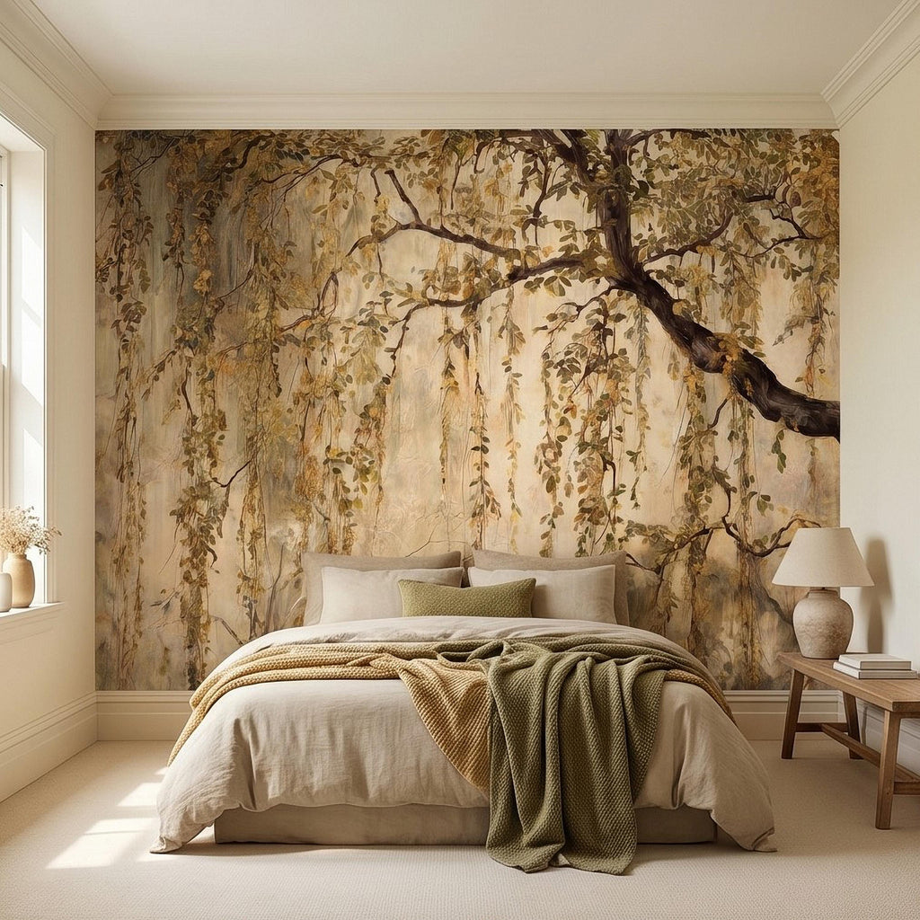 Vintage Weeping Willow Peel and Stick Wall Mural, Cascading Willow Branches, Woodland Canopy Botanical Wallpaper