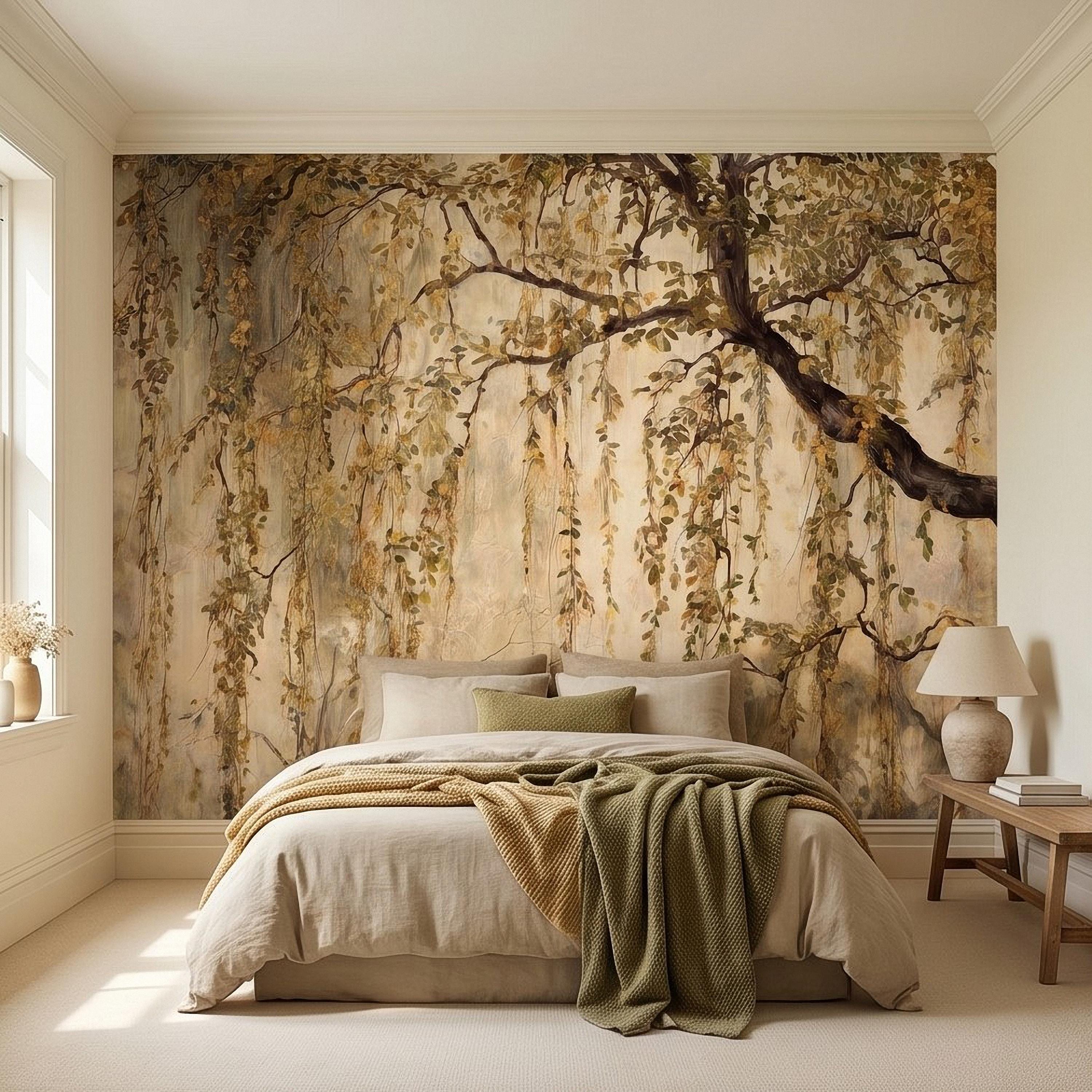 Vintage Weeping Willow Peel and Stick Wall Mural, Cascading Willow Branches, Woodland Canopy Botanical Wallpaper