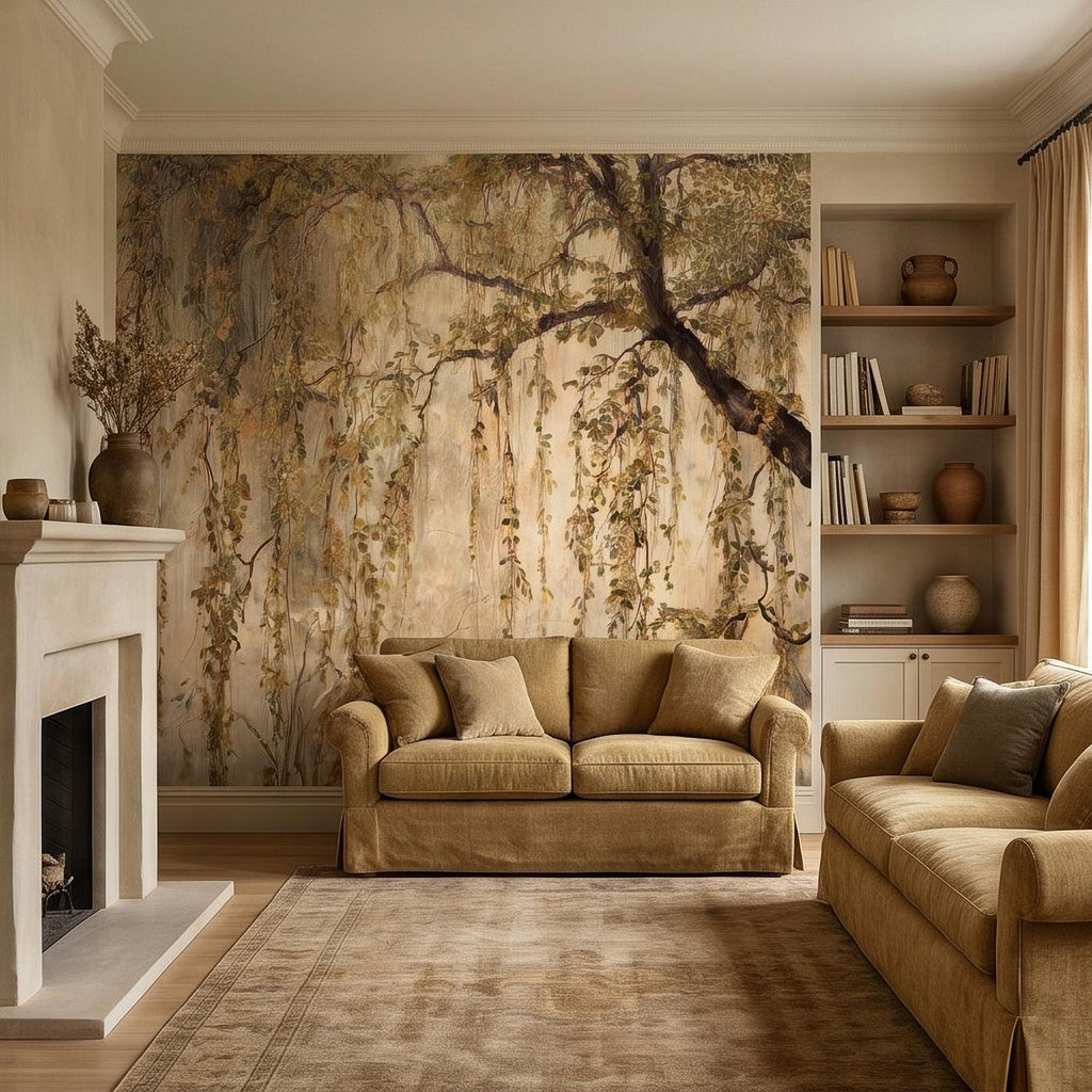 Vintage Weeping Willow Peel and Stick Wall Mural, Cascading Willow Branches, Woodland Canopy Botanical Wallpaper