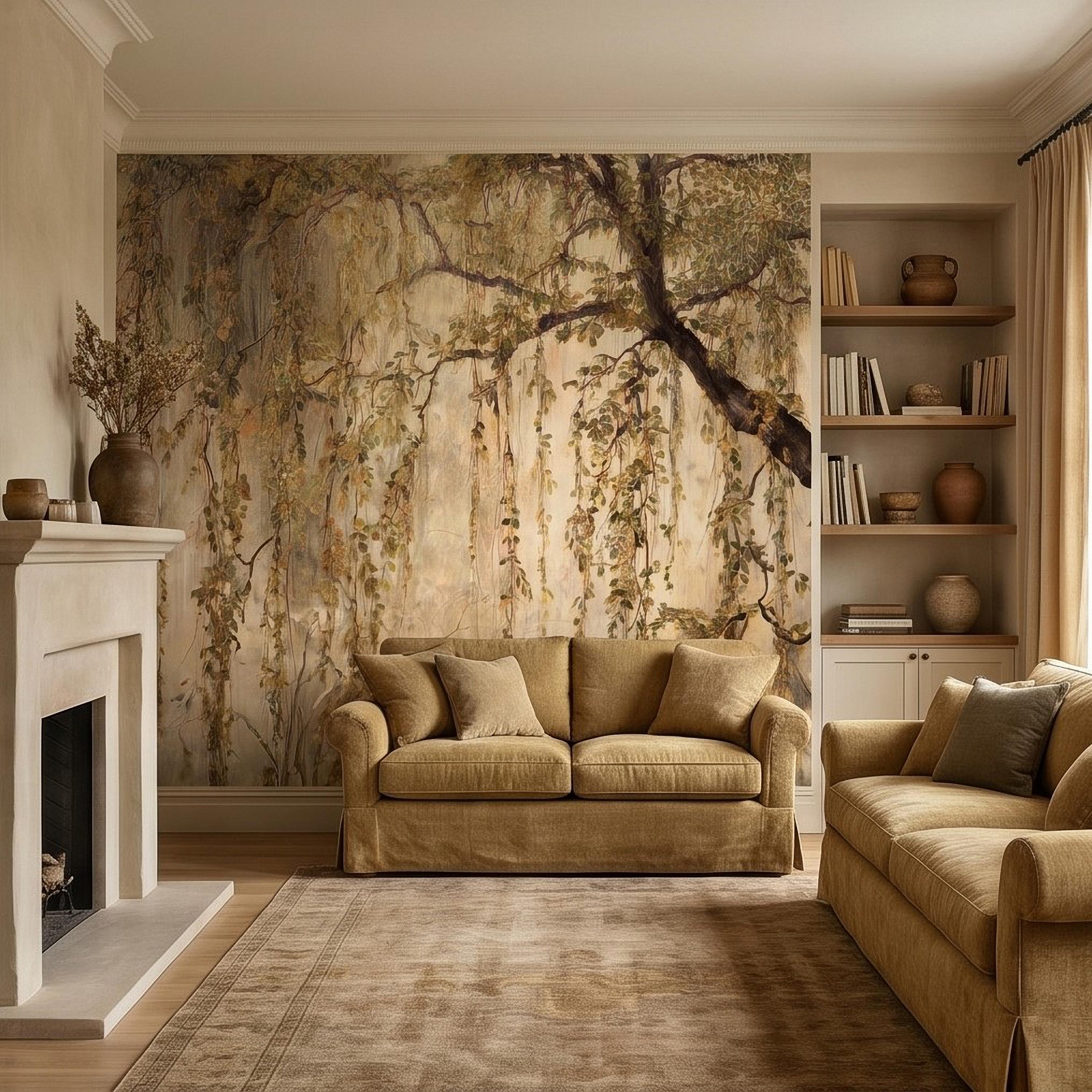 Vintage Weeping Willow Peel and Stick Wall Mural, Cascading Willow Branches, Woodland Canopy Botanical Wallpaper