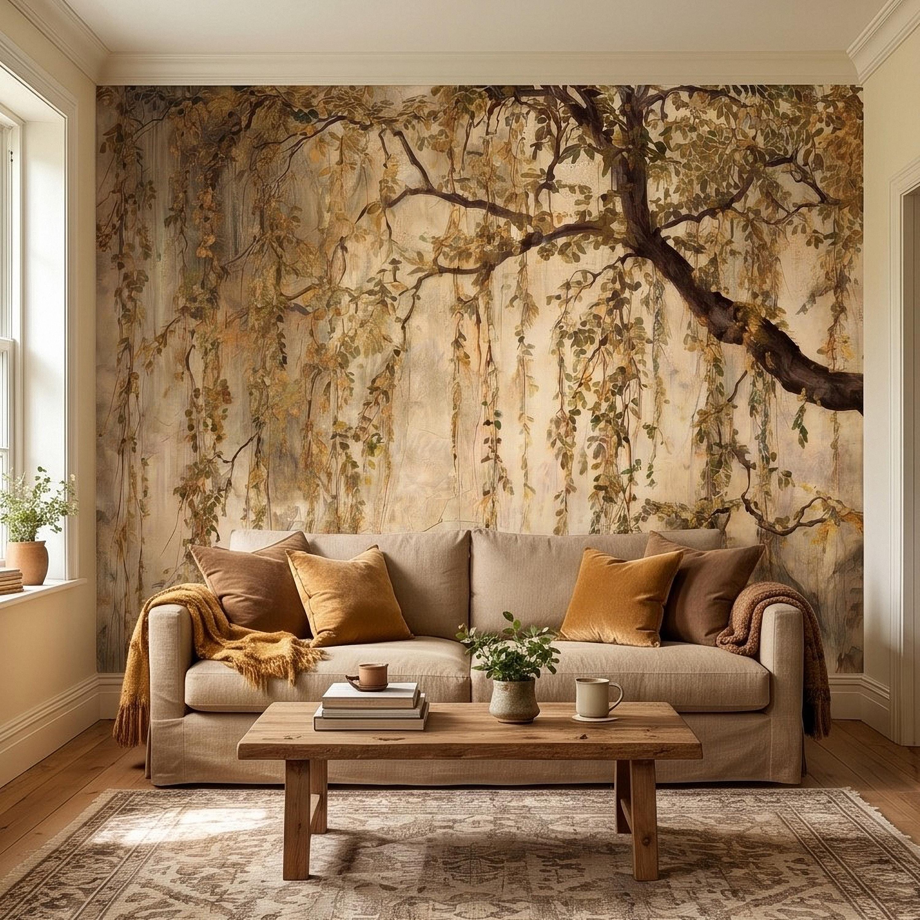 Vintage Weeping Willow Peel and Stick Wall Mural, Cascading Willow Branches, Woodland Canopy Botanical Wallpaper