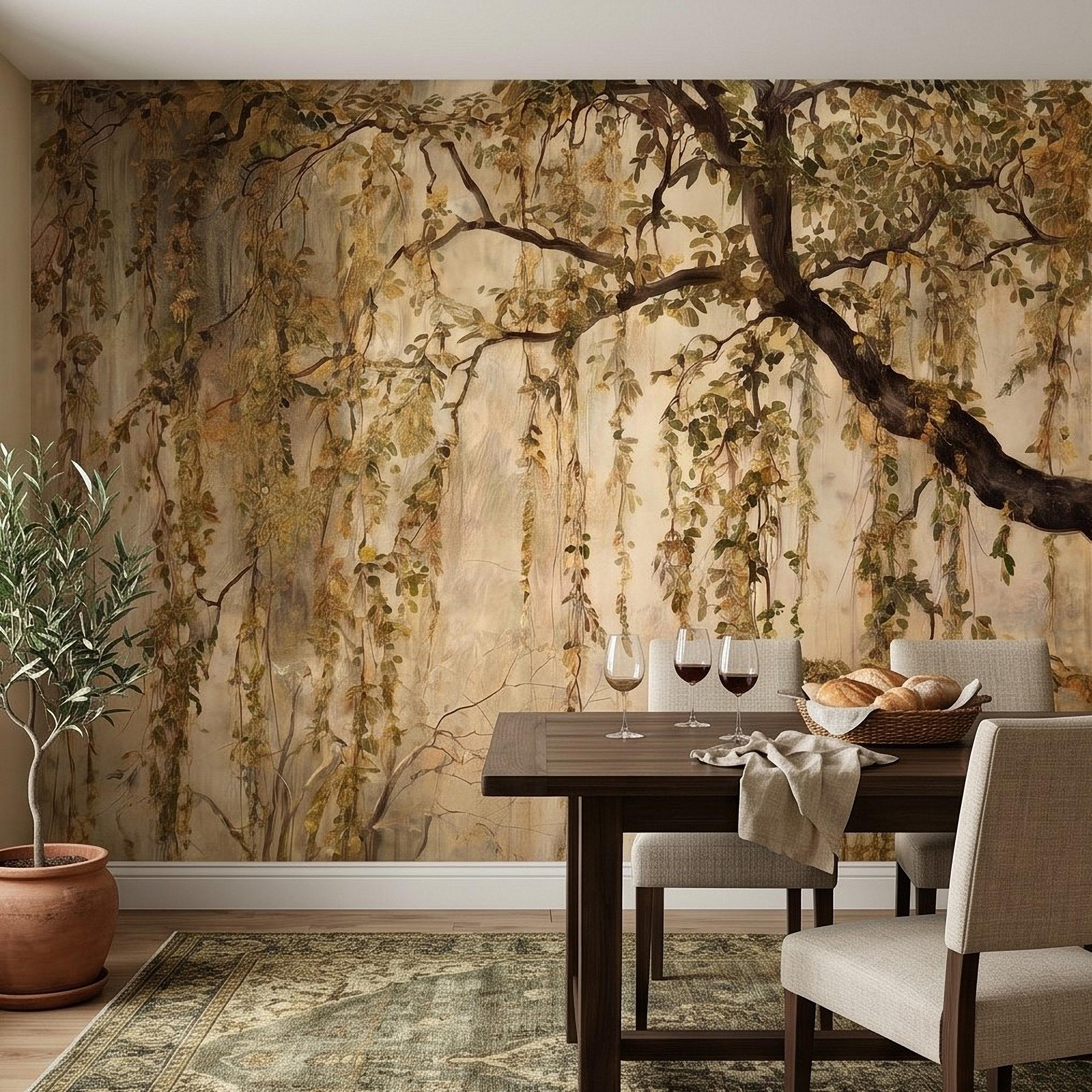 Vintage Weeping Willow Peel and Stick Wall Mural, Cascading Willow Branches, Woodland Canopy Botanical Wallpaper