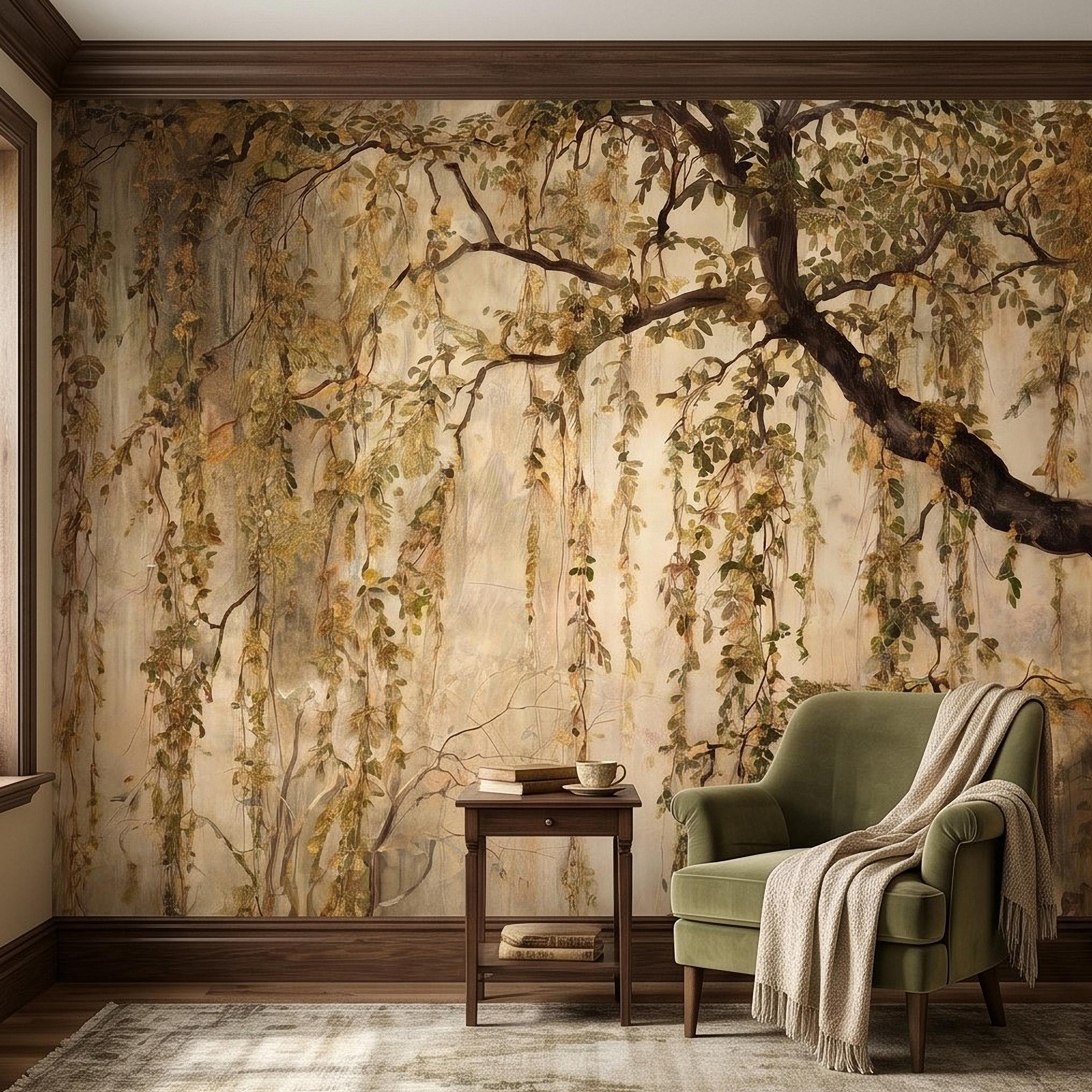 Vintage Weeping Willow Peel and Stick Wall Mural, Cascading Willow Branches, Woodland Canopy Botanical Wallpaper