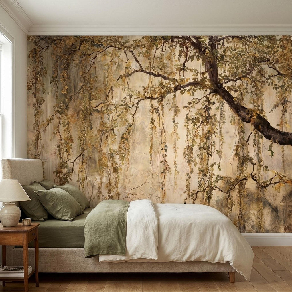 Vintage Weeping Willow Peel and Stick Wall Mural, Cascading Willow Branches, Woodland Canopy Botanical Wallpaper