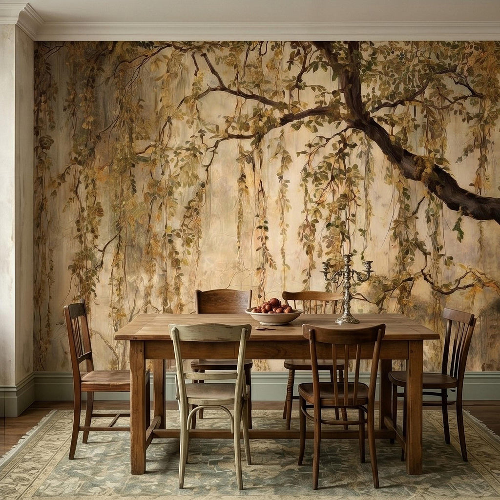 Vintage Weeping Willow Peel and Stick Wall Mural, Cascading Willow Branches, Woodland Canopy Botanical Wallpaper