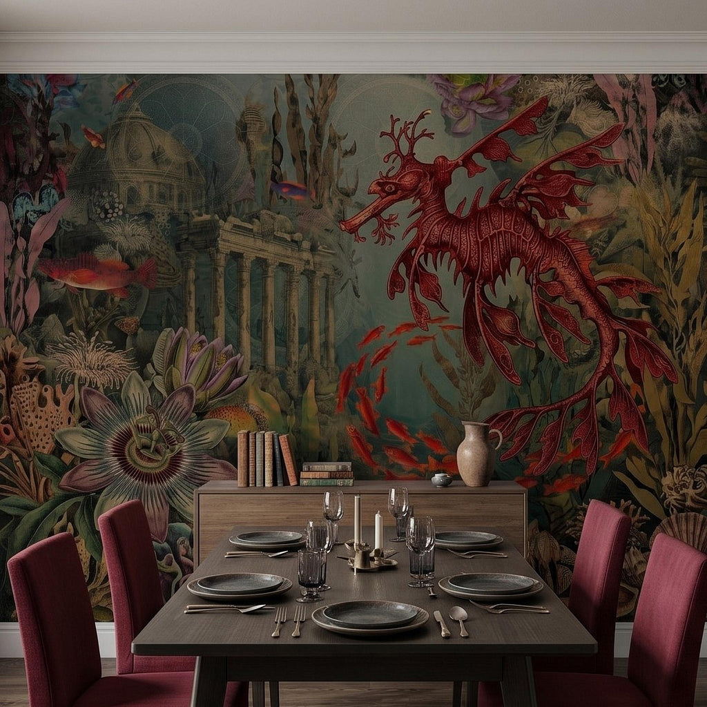 Fantasy Underwater Peel and Stick Wall Mural, Leafy Sea Dragon and Ancient Ruins, Tropical Coral Reef Scene Ocean Life Wallpaper