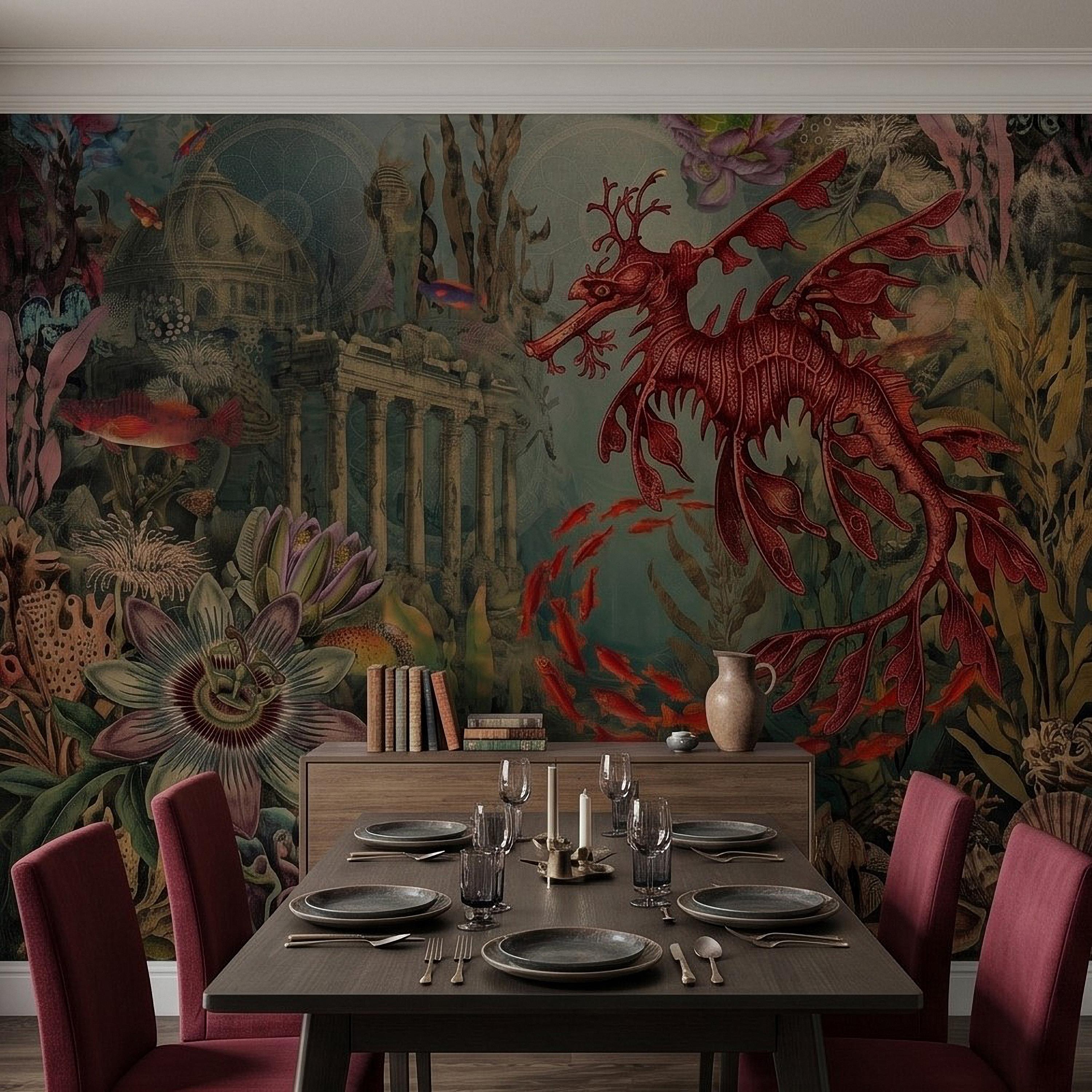 Fantasy Underwater Peel and Stick Wall Mural, Leafy Sea Dragon and Ancient Ruins, Tropical Coral Reef Scene Ocean Life Wallpaper