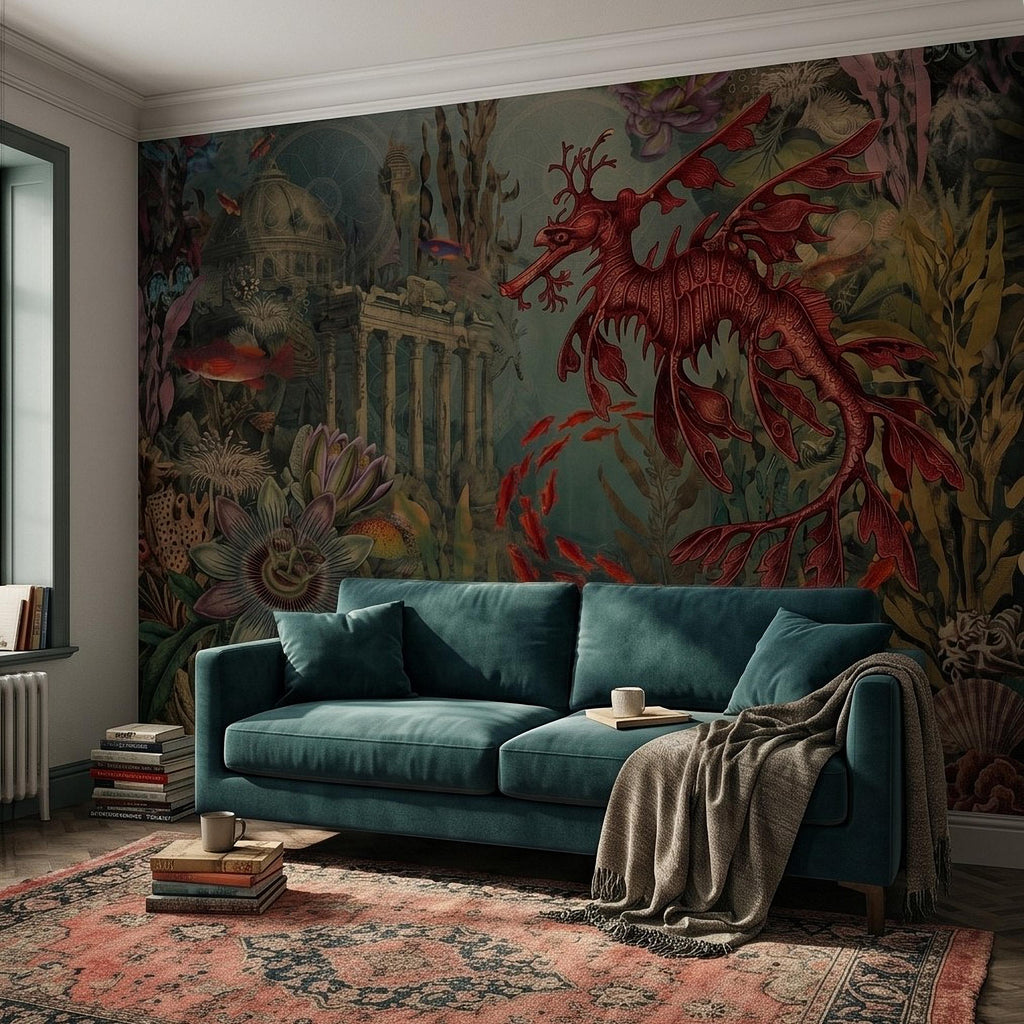 Fantasy Underwater Peel and Stick Wall Mural, Leafy Sea Dragon and Ancient Ruins, Tropical Coral Reef Scene Ocean Life Wallpaper