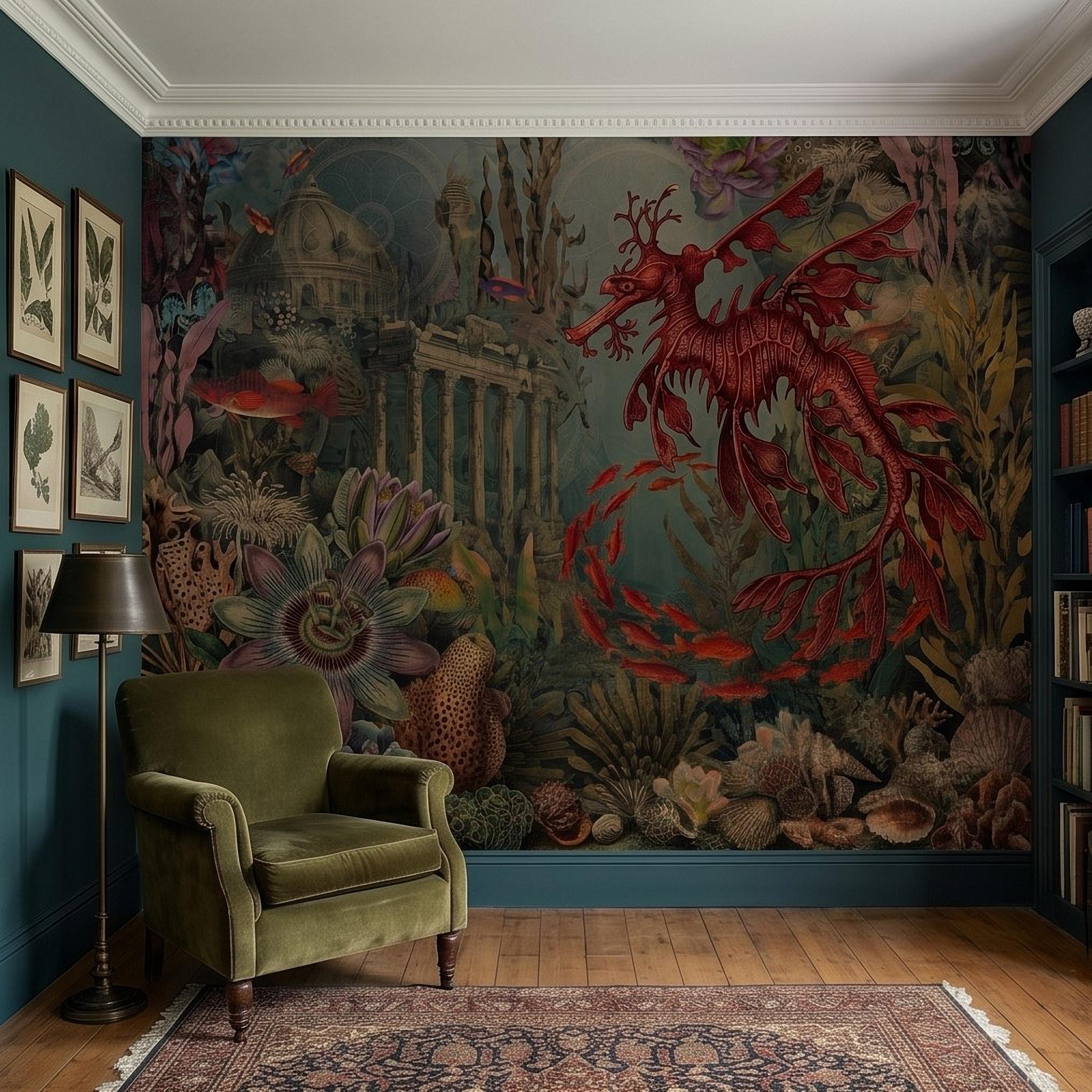 Fantasy Underwater Peel and Stick Wall Mural, Leafy Sea Dragon and Ancient Ruins, Tropical Coral Reef Scene Ocean Life Wallpaper