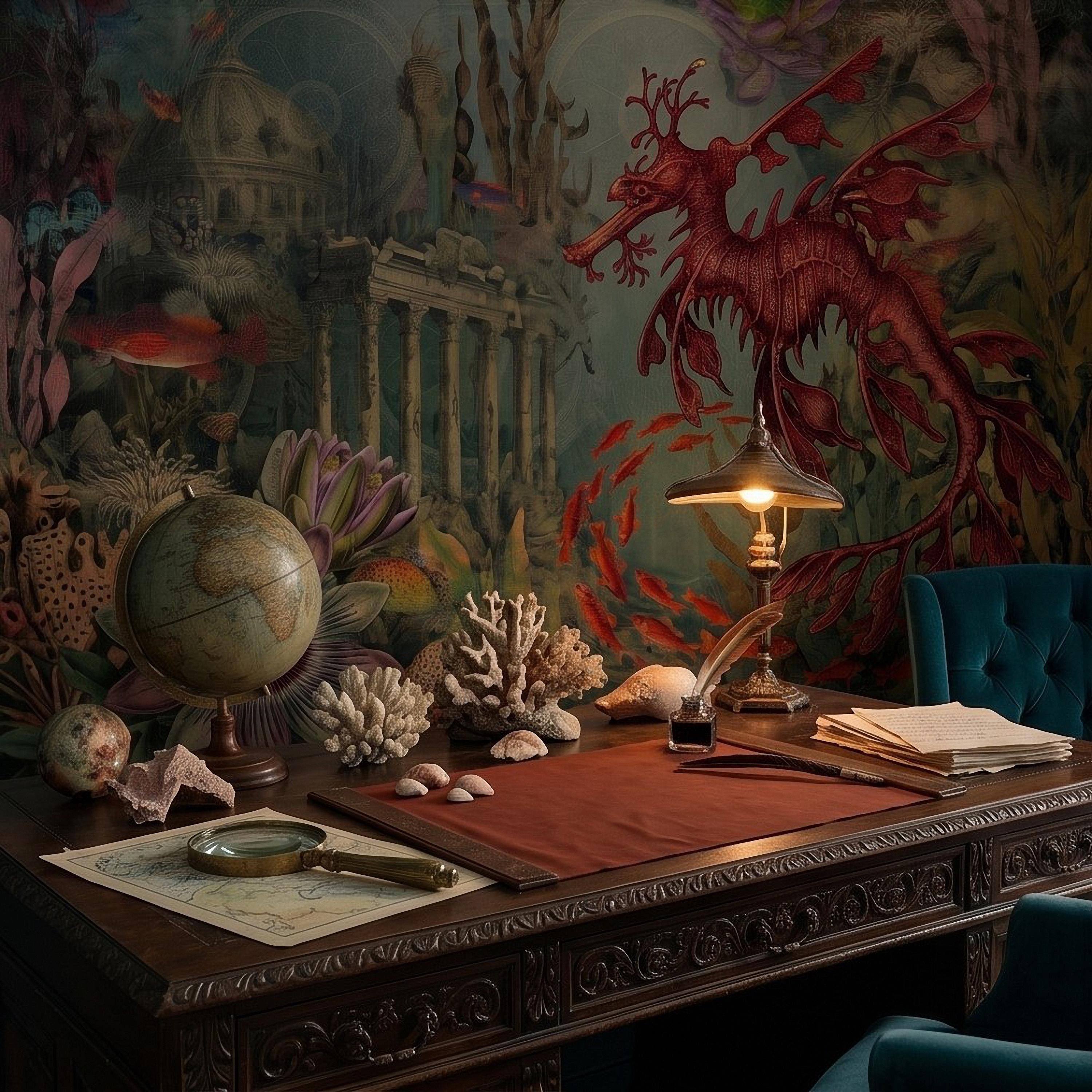 Fantasy Underwater Peel and Stick Wall Mural, Leafy Sea Dragon and Ancient Ruins, Tropical Coral Reef Scene Ocean Life Wallpaper