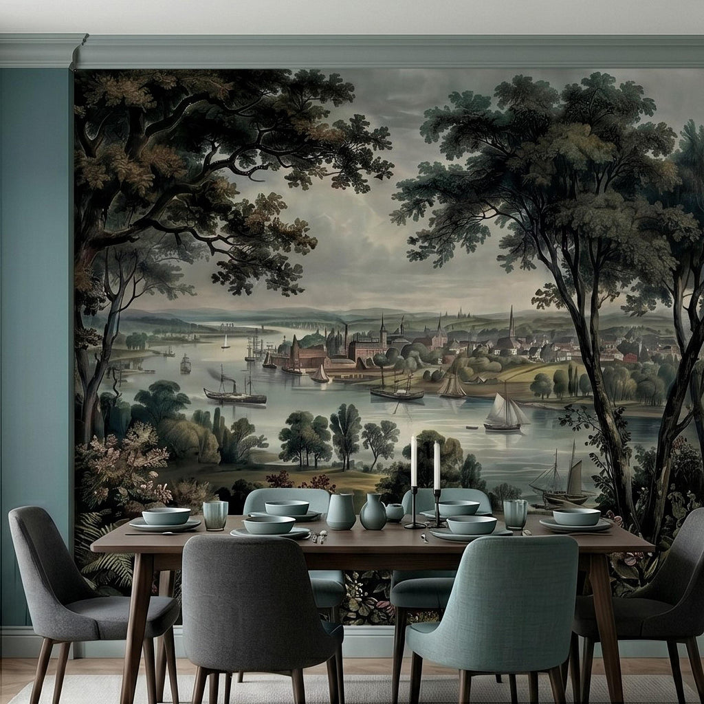 Vintage Riverside Town Peel and Stick Wall Mural, Historic Harbor View, Sailing Ships and Woodland Landscape Scenic Wallpaper